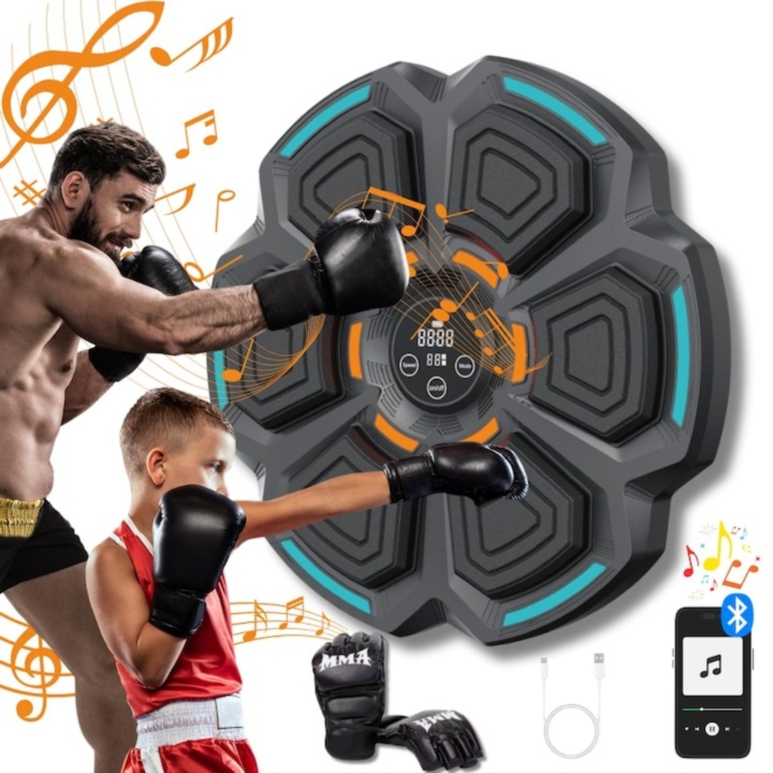 Tinta Lovituri Box Montabil pe Perete, Flippy, Negru, Difuzor, Bluetooth, Iluminare LED, 41.5 x 6.5 x 42 cm, Manusi Incluse