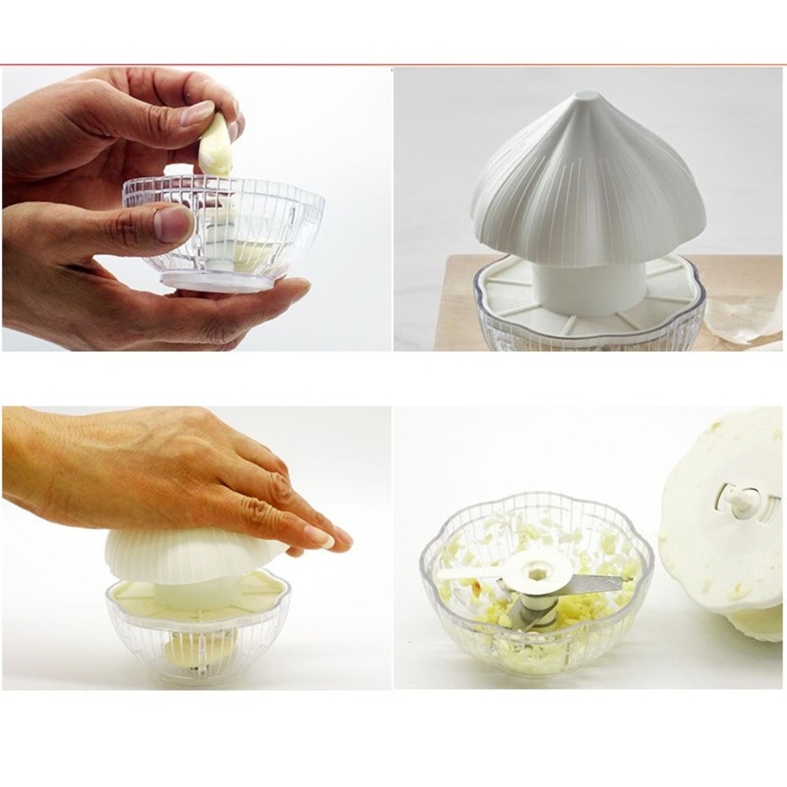 Tocator manual pentru usturoi, in forma de usturoi, cutite rezistente, utilizare prin apasare, material ABS si inox, 9.5x9.5x9.3 cm, alb