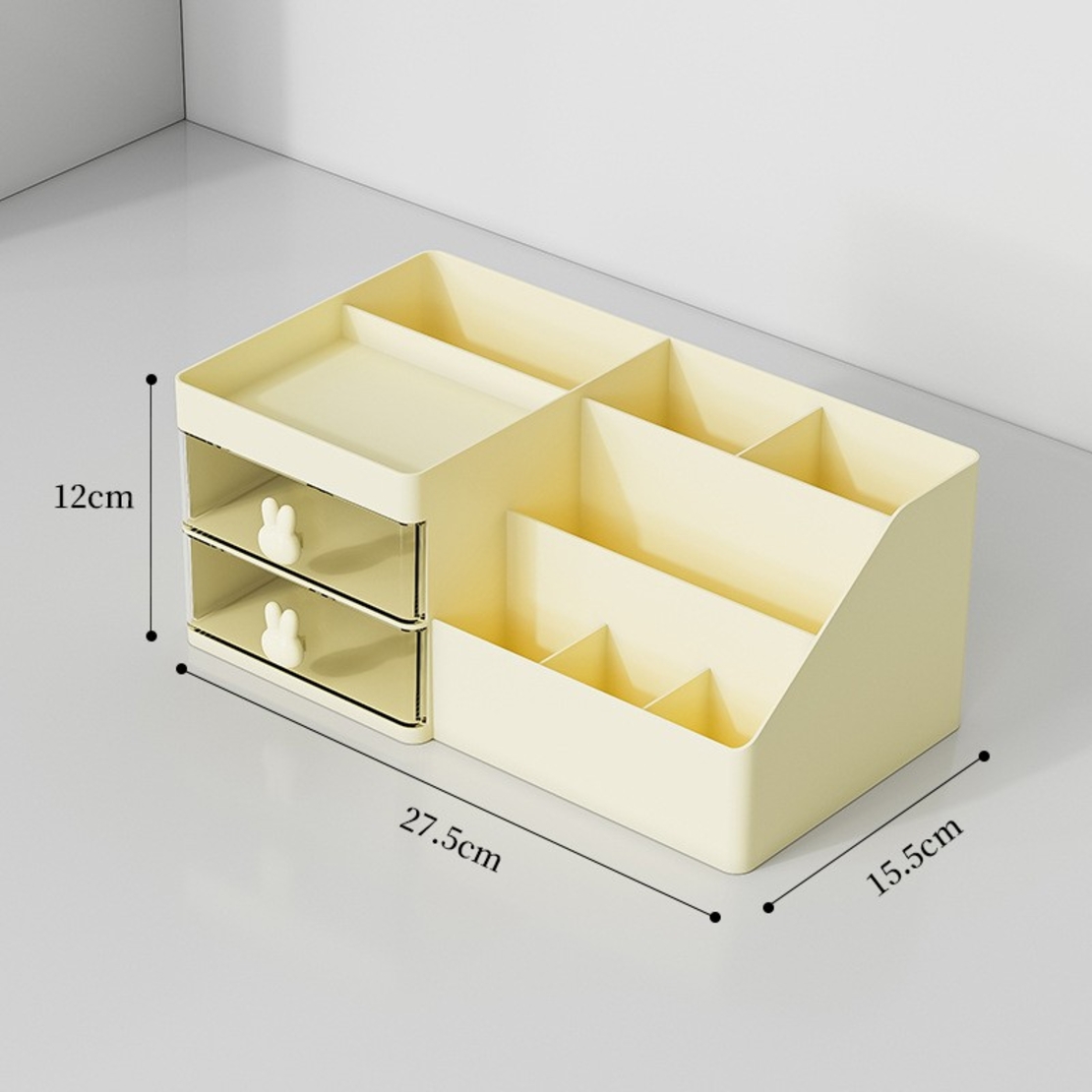 Cutie de Depozitare pentru Birou, Flippy, Pentru Makeup, Papetarie, Organizator Cosmetice, 2 Sertare si Compartimente Multiple, Model Iepuras, Plastic, 27.5x15.5x12 cm, Crem