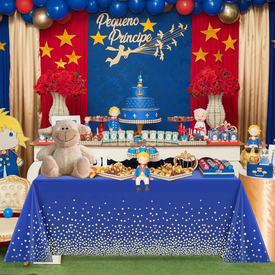 Fata de Masa, Flippy, din PEVA, Imprimeu Buline Aurii, 137 x 274 cm, Impermeabila, Fara Pete, Curatare Rapida, Albastru Inchis