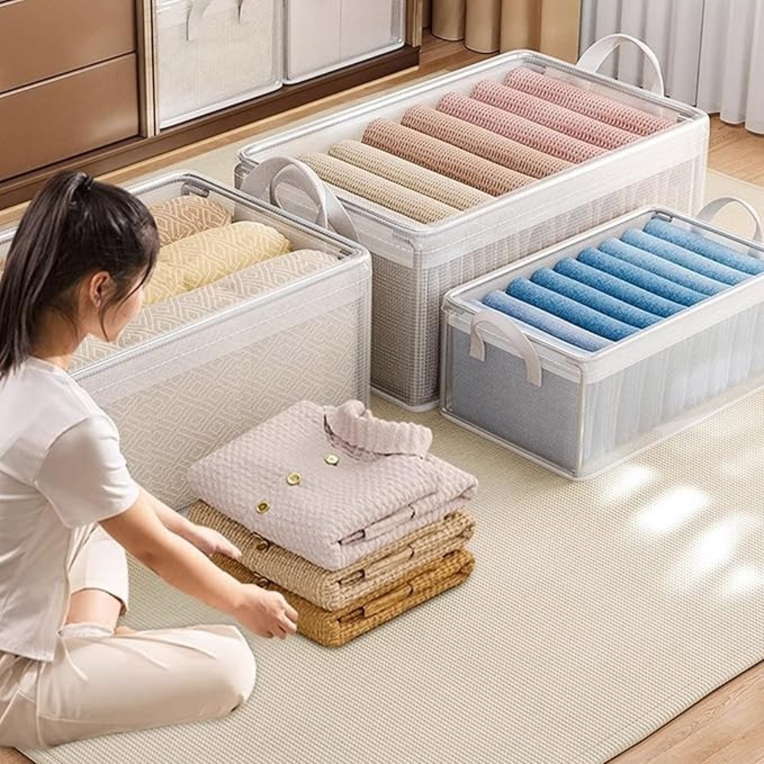 Cutie container de depozitare din PVC, Flippy, de stocare, Dimensiuni multiple, Accesoriu robust pentru organizarea de uz casnic, volum 26L, 47 x 28 x 20 cm, Transparenta