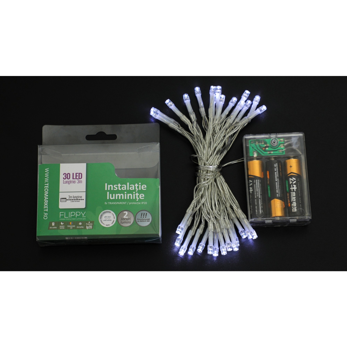 Instalatie de Craciun cu Baterii Tip Liniar, 2 jocuri de lumini, Fir Transparent 3 m 30 LED -uri, Alb Rece
