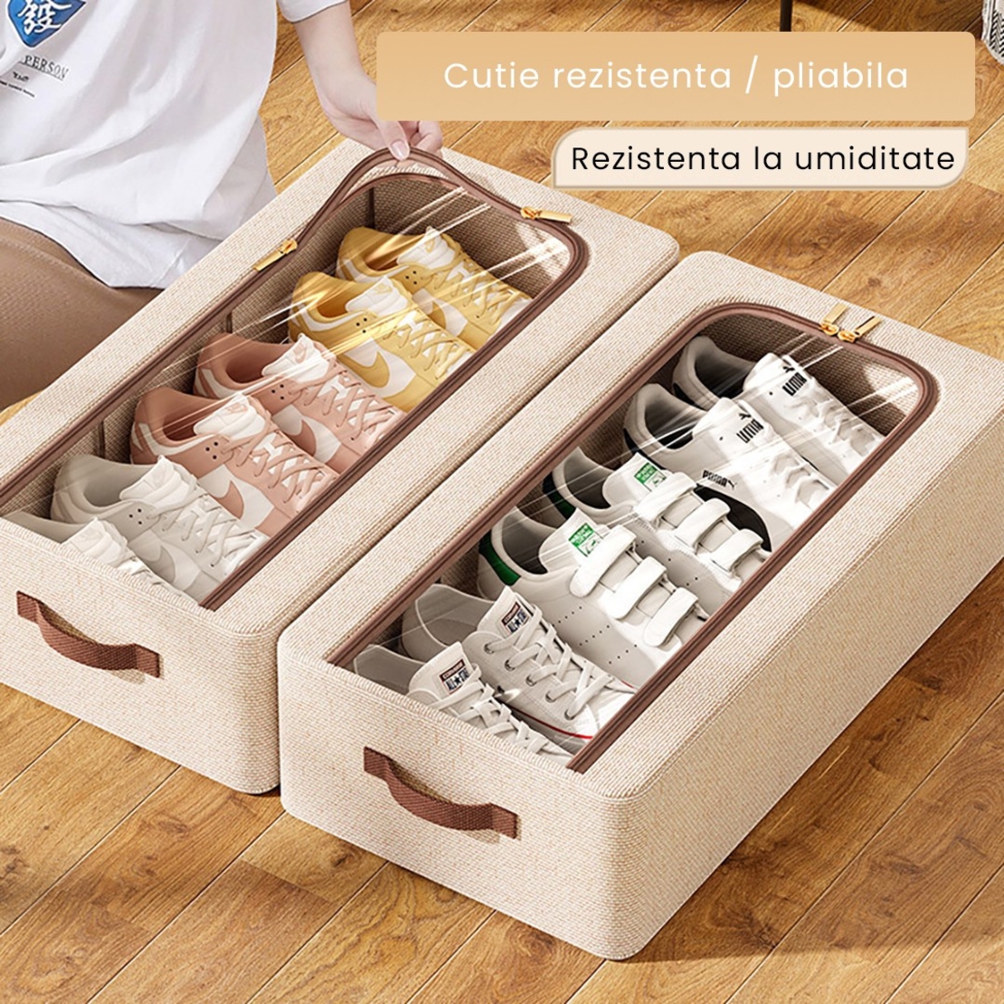 Cutie Depozitare cu Cadru Metalic, Flippy, pentru Incaltaminte, Haine, Lingerie, Fermoar Calitativ, Fereastra Transparenta, Manere Laterale, 60 x 30 x 15 cm Bej