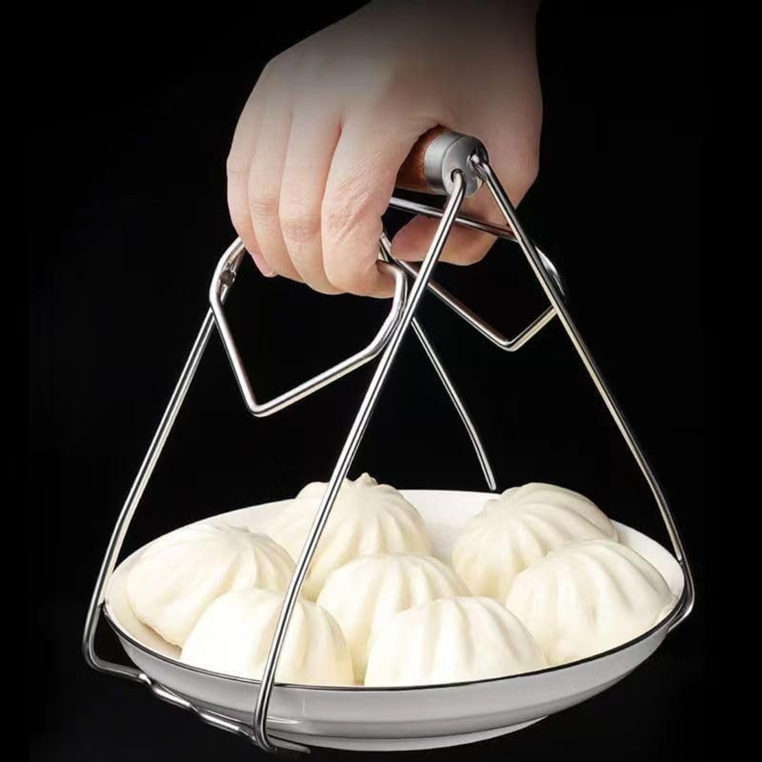 Clema pentru Boluri, Flippy, Anti-Alunecare, din Otel Inoxidabil, Extindere, pentru Oale, Tigai, de Uz Casnic, Rezistent la Temperaturi Inalte, 19.5x9.8x8 cm, Maner Maro, Gri