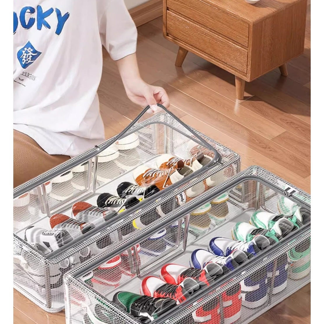 Cutie de Depozitare pentru Pantofi, Flippy, 40x30x21 cm, din Plasa PVC Impermeabila si Cadru de Otel, Pliabila, Fermoar Bidirectional, Transparenta