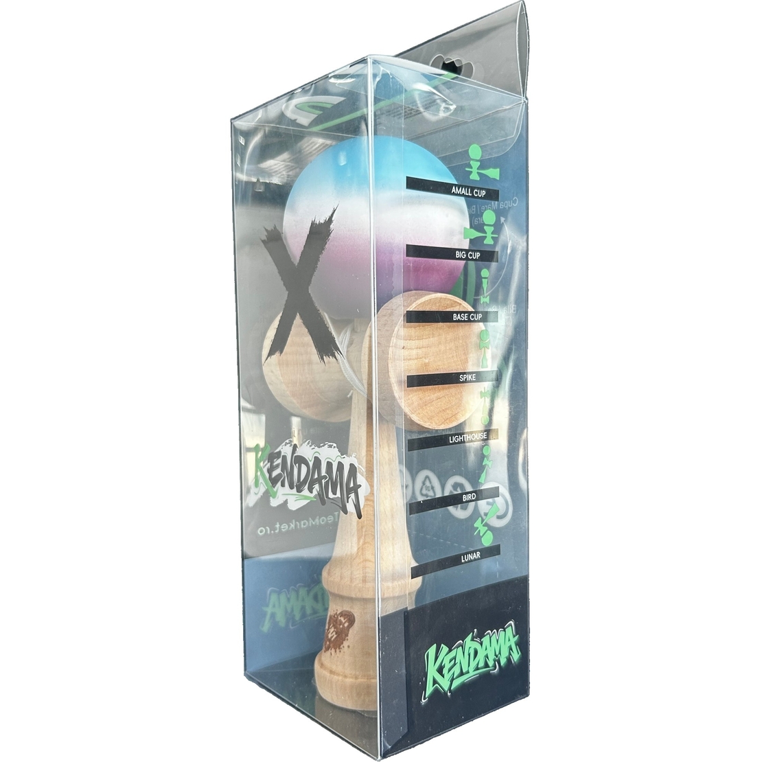 Jucarie Interactiva Kendama X Profesionala, Flippy, din Lemn cu Bila cu Invelis din Cauciuc, 18 cm, Joc de Indemanare pentru Copii si Adulti, Gradient Albastru Alb Mov