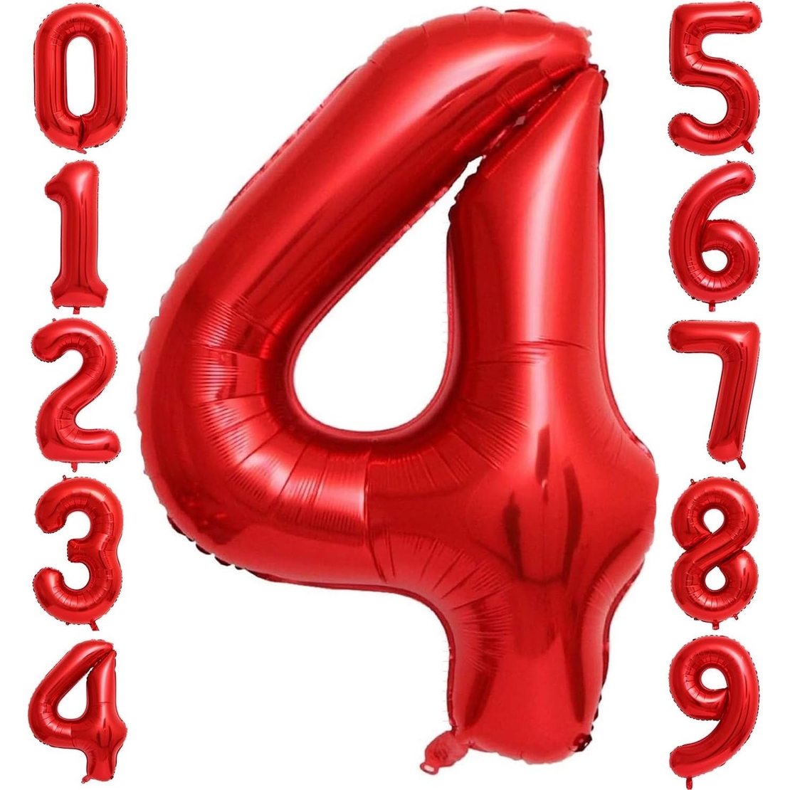 Balon din Folie Metalizata Flippy, Figurina Cifra, Tema Aniversare 80 cm, Ambalaj Individual, Pai inclus, Umflare cu Aer sau Heliu, Rosu, Cifra 4