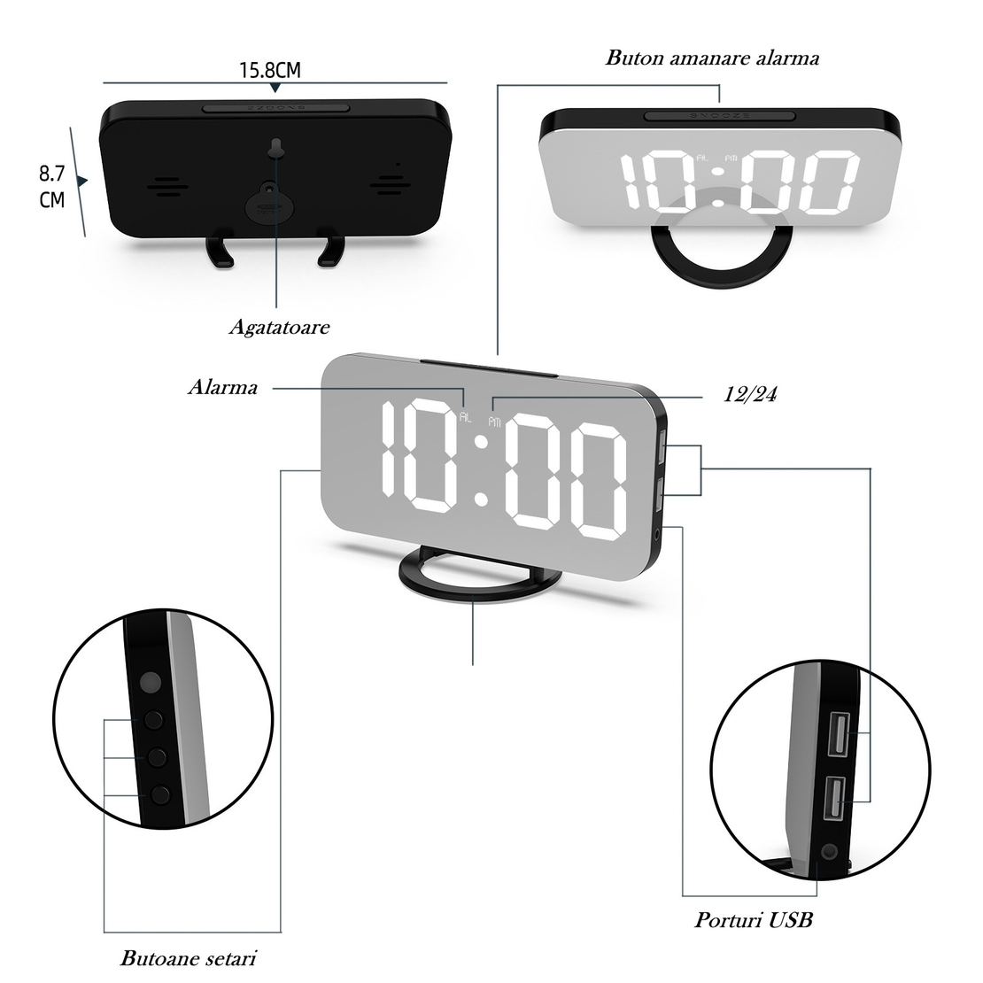 Ceas digital cu LED, Flippy, multifunctional, afisaj digital, alarma, 2 porturi USB de iesire, ecran tip oglinda, modern, 15.8 cm, alb