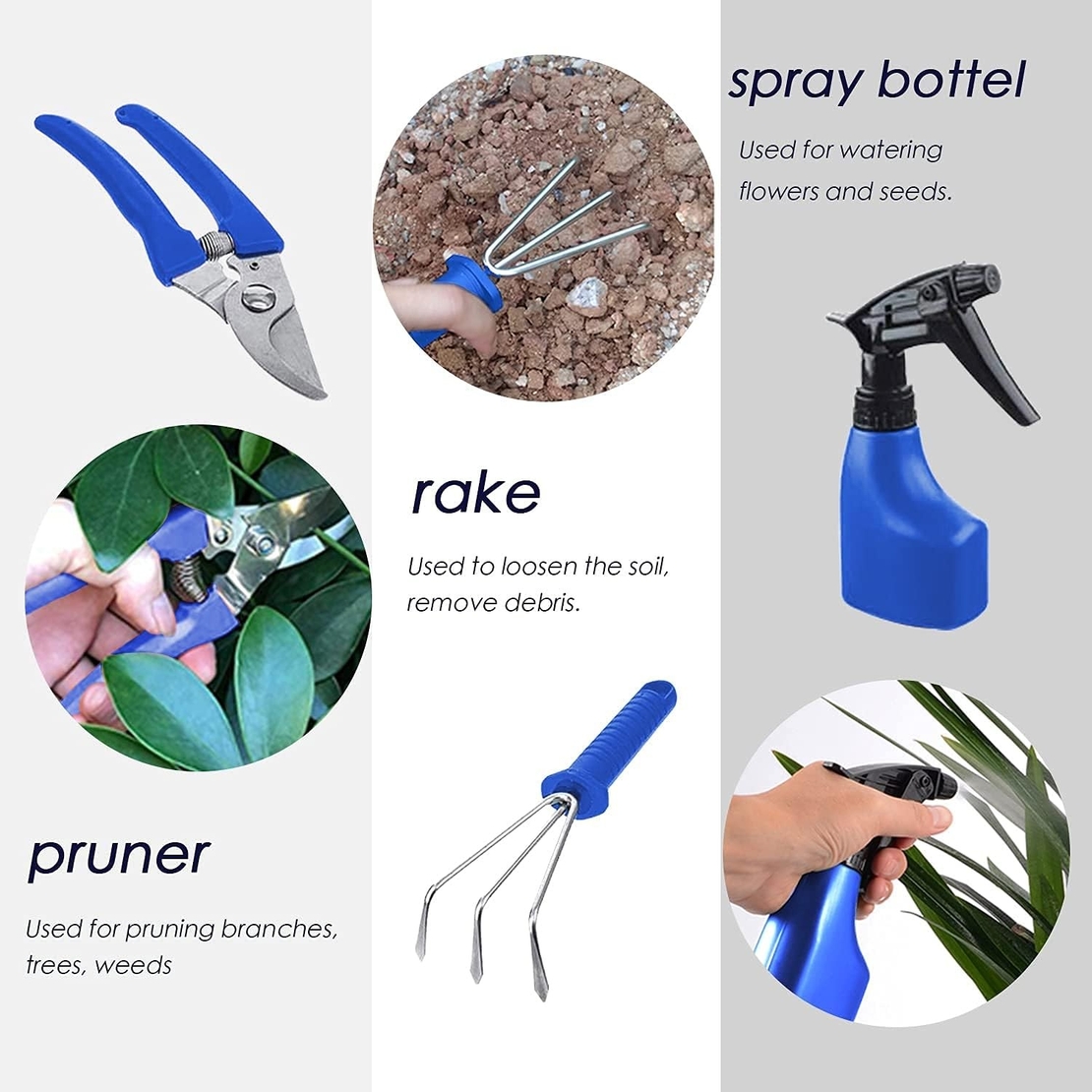 Set 10 Unelte de Gradina, Flippy, pentru Plantare Prelucrare Sol si Ingrijire Plante, Manere Albastre, Material PVC si Otel Inoxidabil, Cutie Inclusa, 37x28x7 cm, Negru