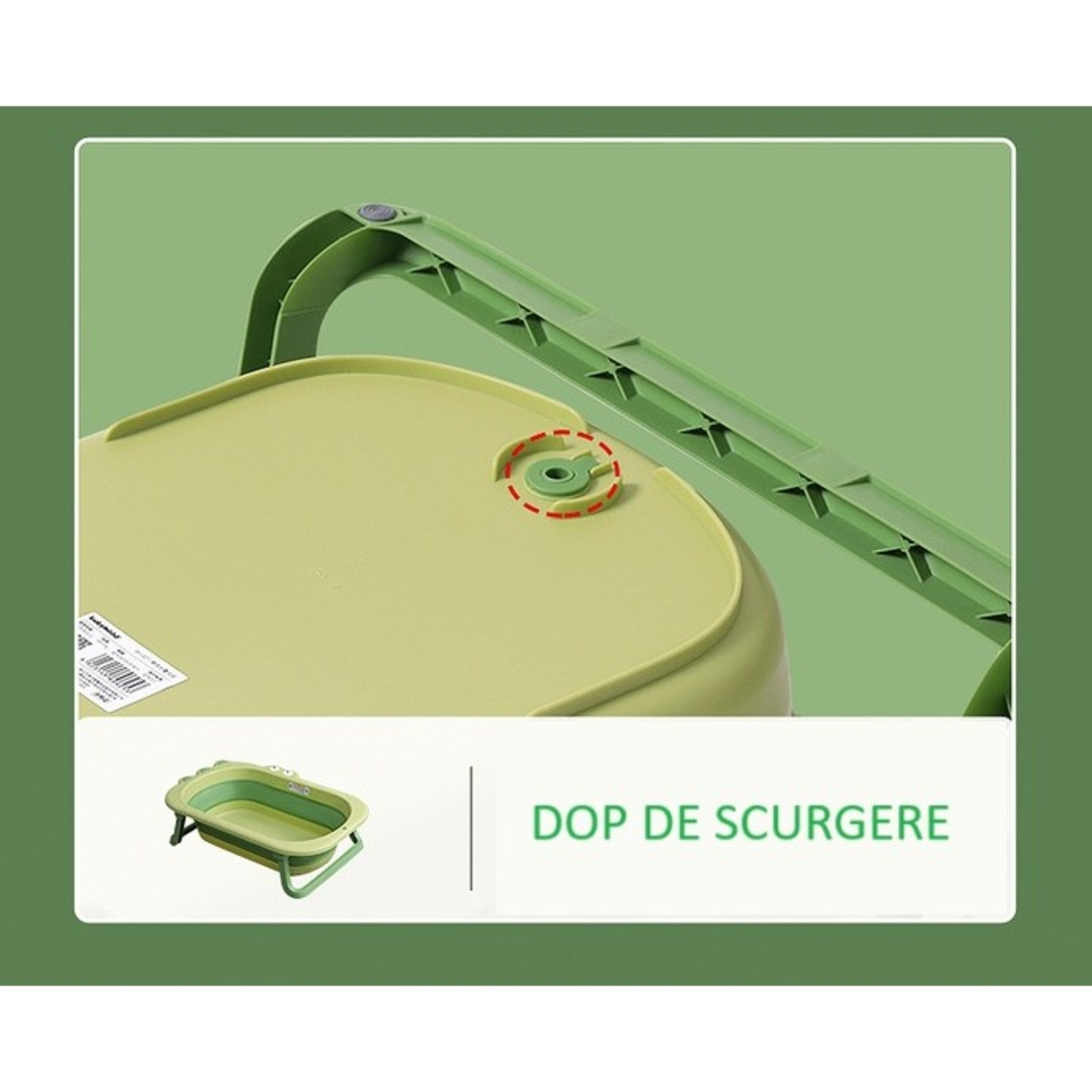 Cada Pliabila pentru Baie, Flippy, din PP+TPR, pentru Copii 0-6 Ani, Model Crocodil, Dop de Scurgere, 80x54x21 cm, Verde
