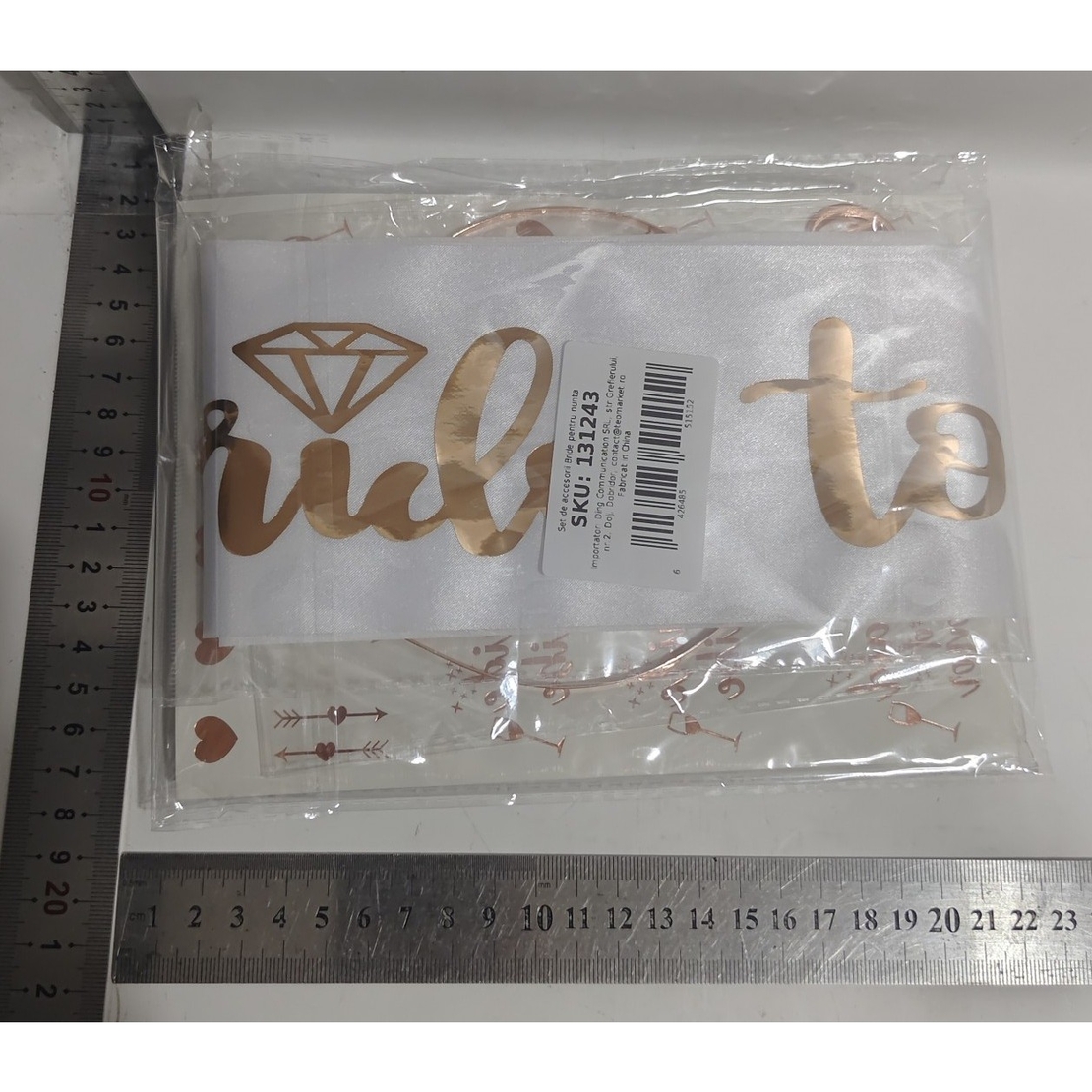 Set de Accesorii pentru Mireasa, Flippy, Coronita, Panglica, Stickere, Voal, Model Bride To Be, Tematica Nunta, Alb-Roz