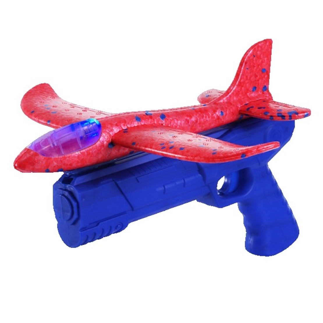 Pistol cu Lansator de Avion, Flippy, din Polistiren+Plastic, +3 Ani, Avion 24 cm, Lansare 10 m, cu Lumini, Albastru/Rosu