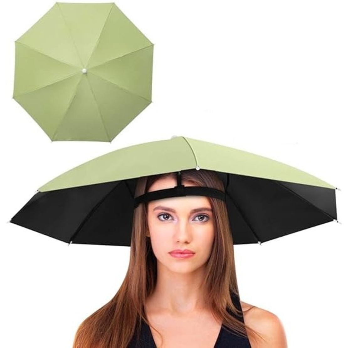 Umbrela de Cap, Flippy, Diametru 69 cm, Banda Elastica de Cap, Protectie UV/Ploaie, Verde Matcha