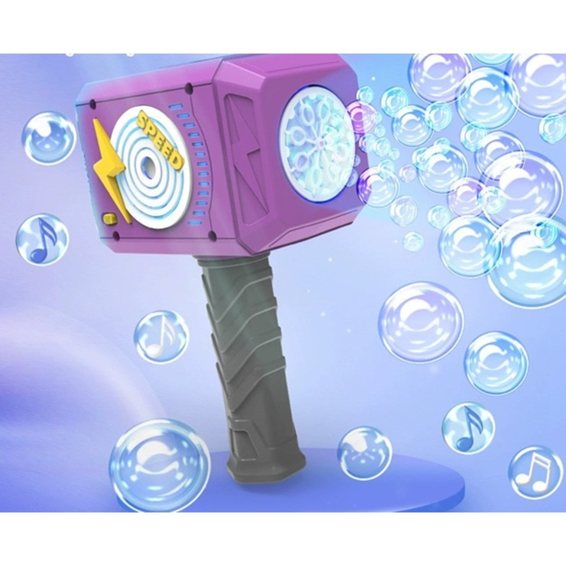 Jucarie Interactiva pentru Baloane de Sapun, Flippy, Sunete si Lumini, Model Ciocan, cu 8 Orificii, 13.5 x 10 x 12 cm, Mov