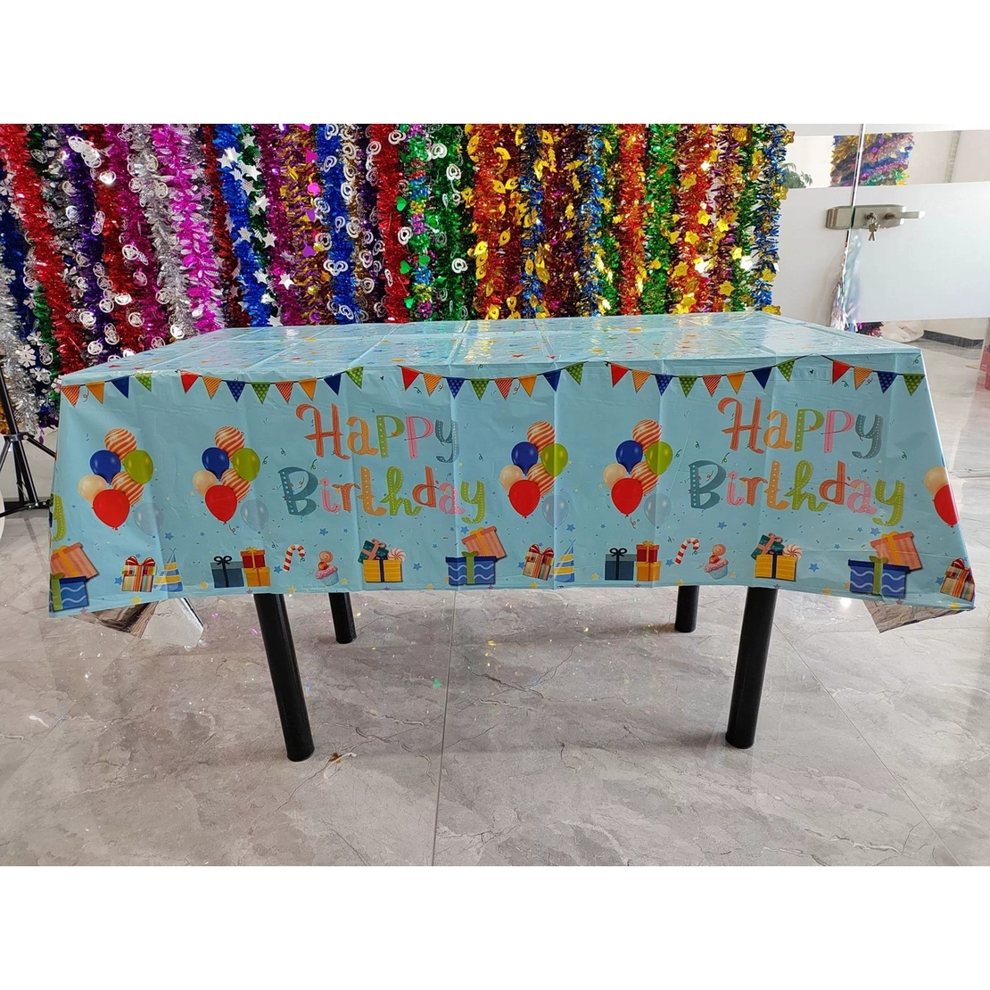 Fata de Masa, Flippy, din Folie, Imprimeu Happy Birthday cu Baloane, 137 x 274 cm, Albastru