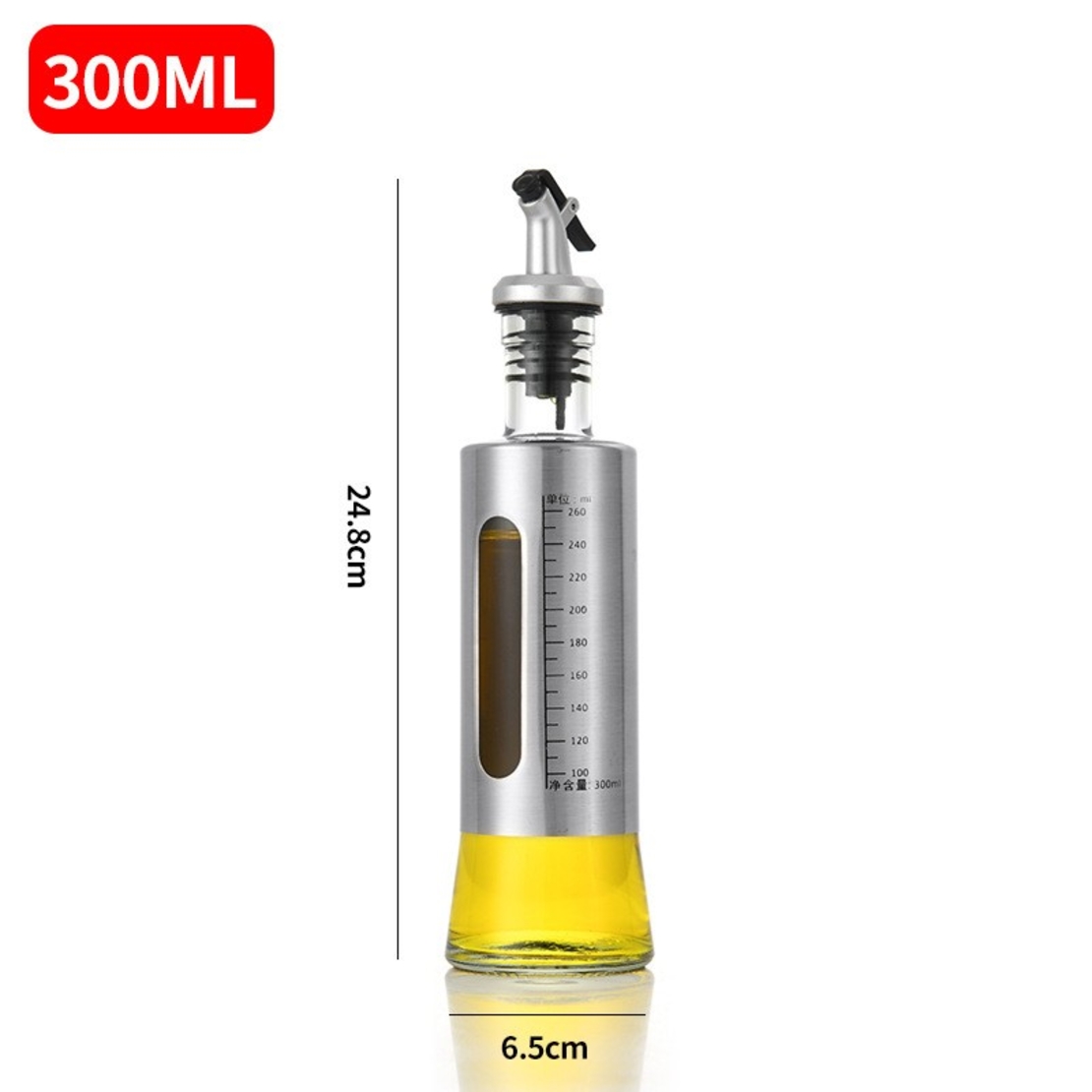 Sticla de ulei, Flippy, Sticla de Ulei din Otel Inoxidabil, Sticla pentru Lichide de Bucatarie, Sticla pentru Lichide de Gatit, 24.8 x 6.5 cm, volum 300 ml, Gri Transparent