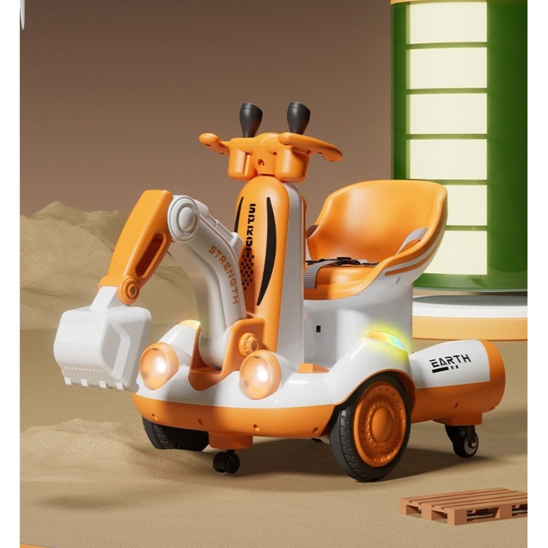 Excavator Electric, Flippy, pe 4 Roti Antiderapante, cu Telecomanda, Brat Controlat Electric, cu Telecomanda, +2 Ani, Galben