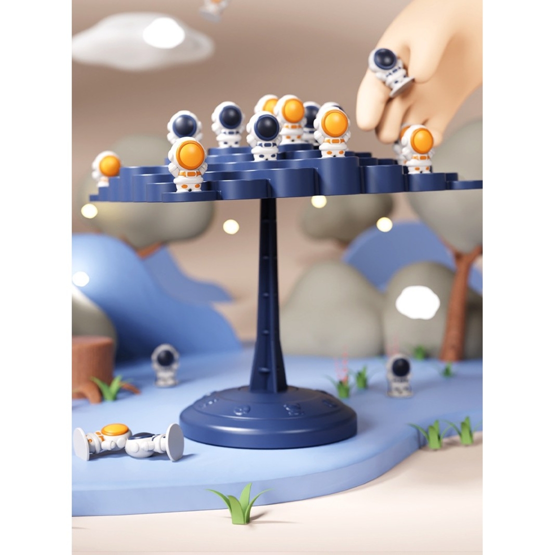 Joc Interactiv, Flippy, Astronauti in Echilibru, +3 Ani, din Plastic, 50 de Pioni, Placa de Echilibru, Roata cu Pedepse, Zar, 14 x 7 x 14 cm, Albastru