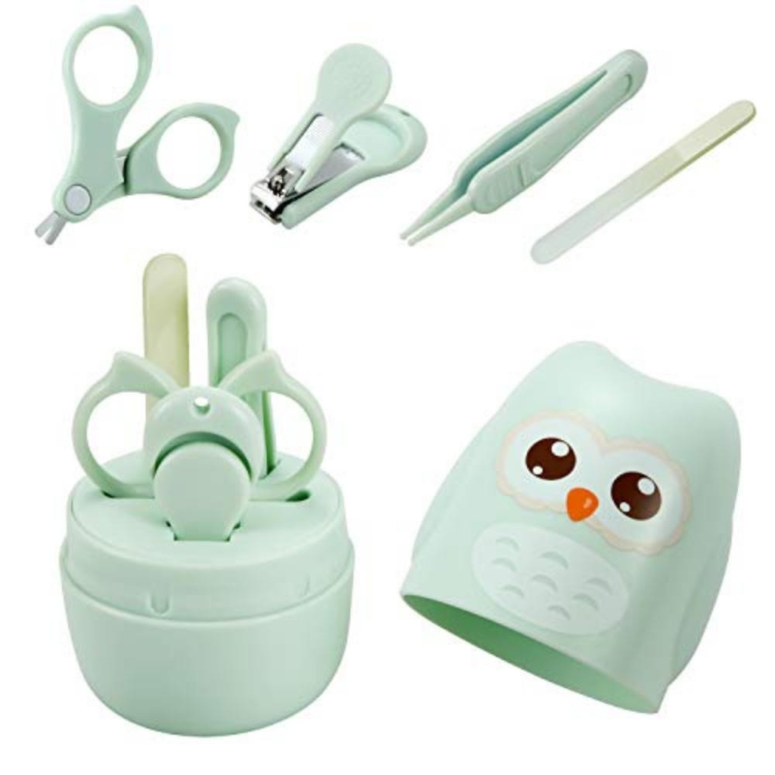 Set 4 Piese Ingrijire Unghii Bebelusi, Flippy, din ABS+Otel Inoxidabil, Cutie de Depozitare Tip Bufnita, de la 0 Luni, 11.5 x 5 x 11.5 cm, Verde