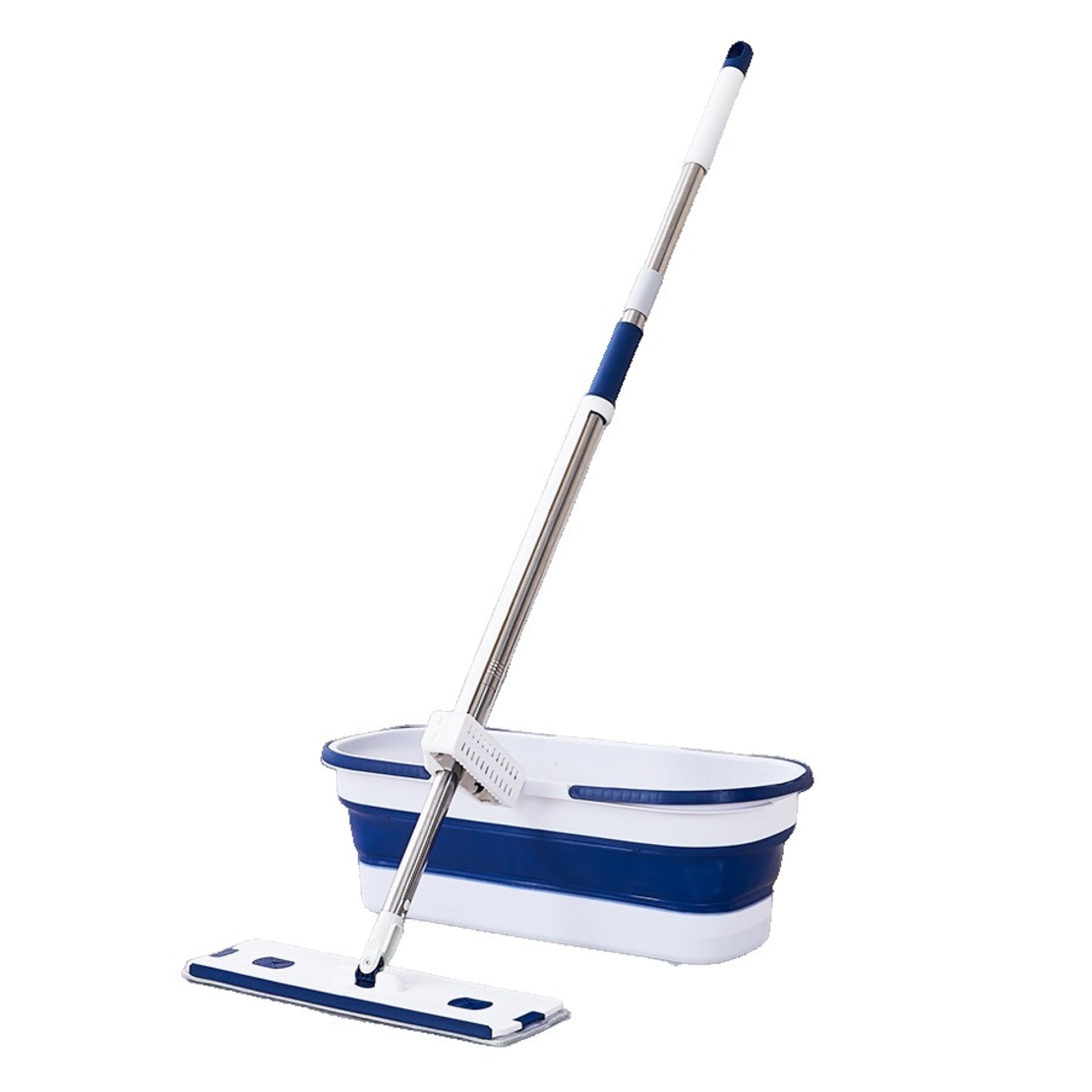 Mop Plat, Flippy, cu Galeata Pliabila, 2 Rezerve din Microfibra, 127 cm Tija Telescopica, Utilizare Umeda/Uscata, Recipient Lichid, Albastru
