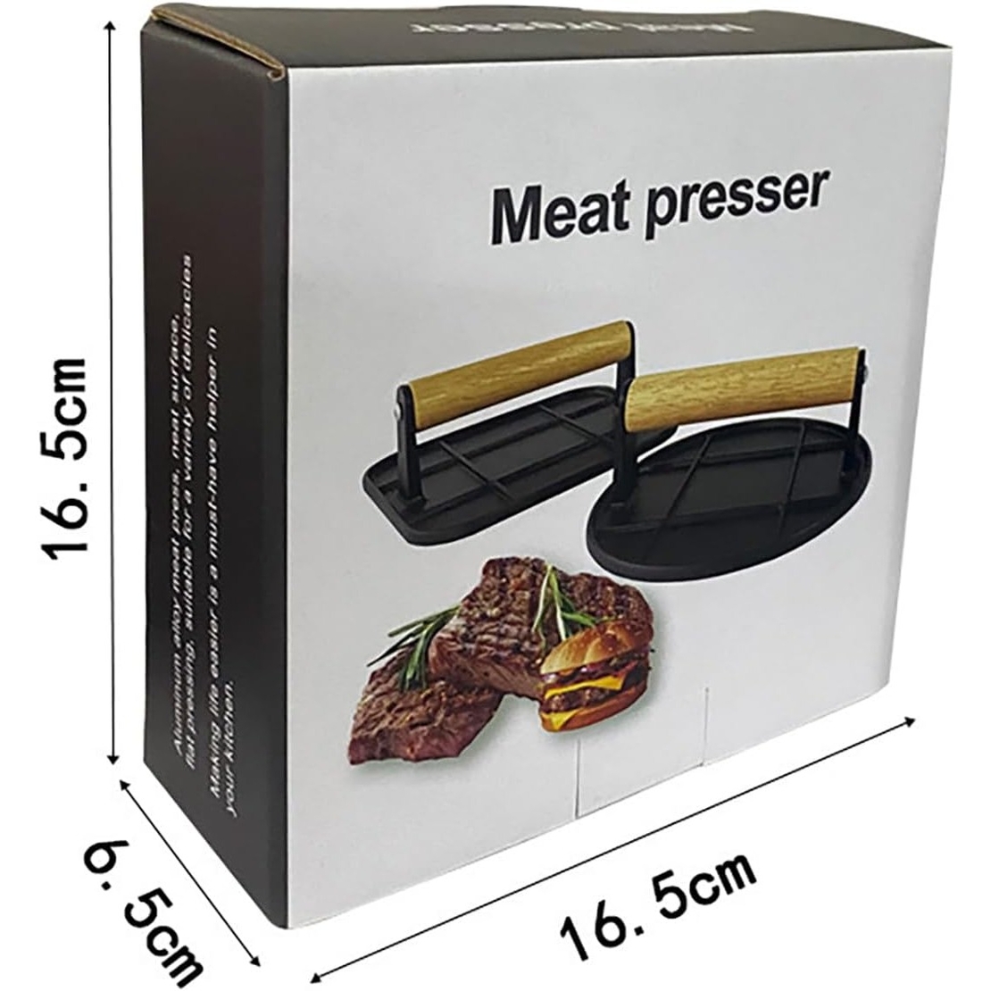 Presa Manuala pentru Carne, Flippy, din Aliaj de Aluminiu, Maner din Lemn, Presa pentru Burgeri, Usor de Curatat si Folosit, Rotunda, 16x16x6 cm, Neagra