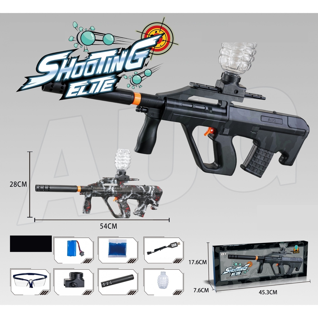 Mitraliera de jucarie electrica Flippy cu bile de hidrogen de gel, gun bluster, tragere in rafala, varsta peste 6 ani, ochelari de protectie, 5000 de bile incluse, cablu de incarcare, 28x31 cm, AUG, negru/gri