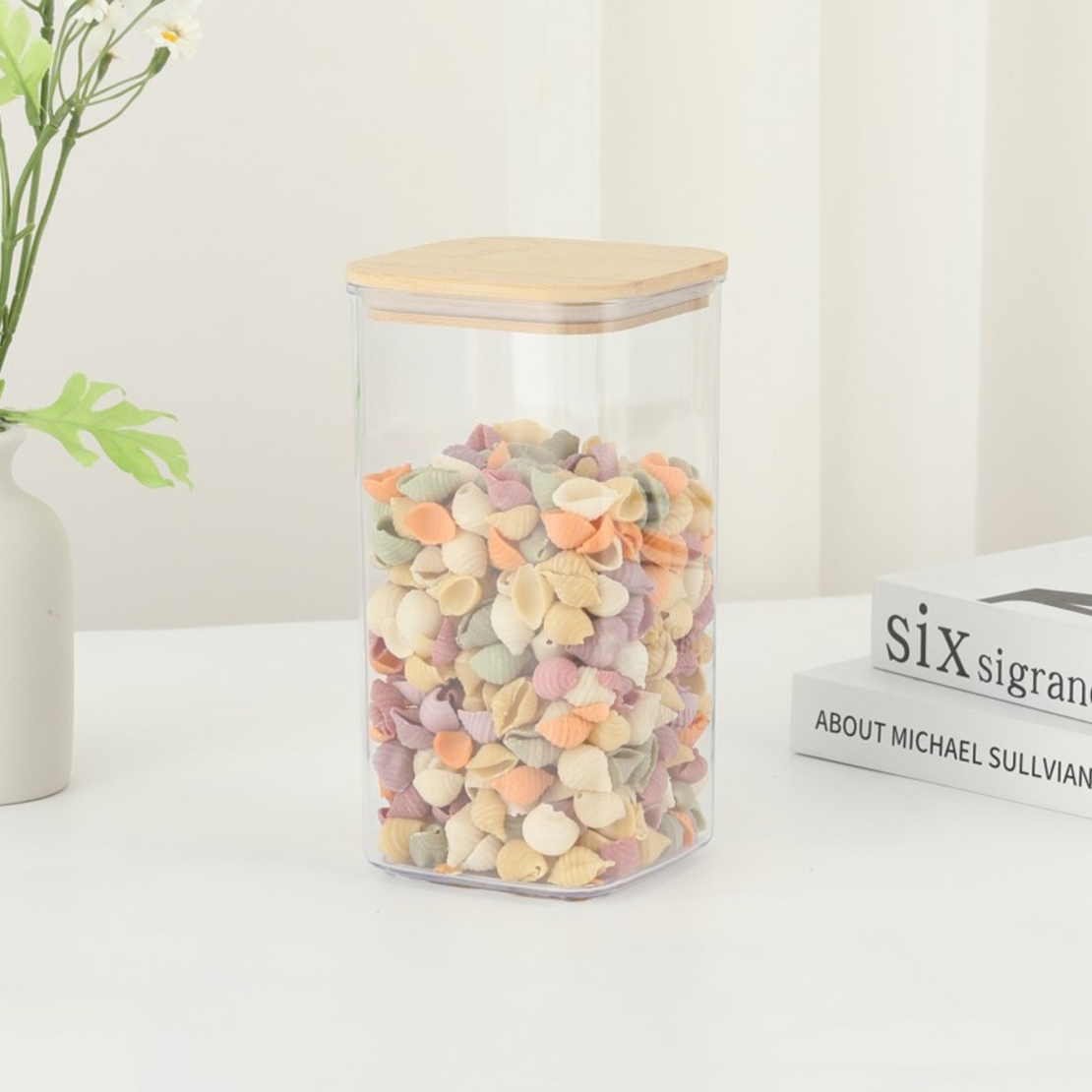 Cutie de Depozitare Alimente, Flippy, Cutie de tip Container, Cutie pentru Cereale, din Plastic, Capac din Bambuc, 10 x 10 x 19 cm, Volum 1.2l, Transparent