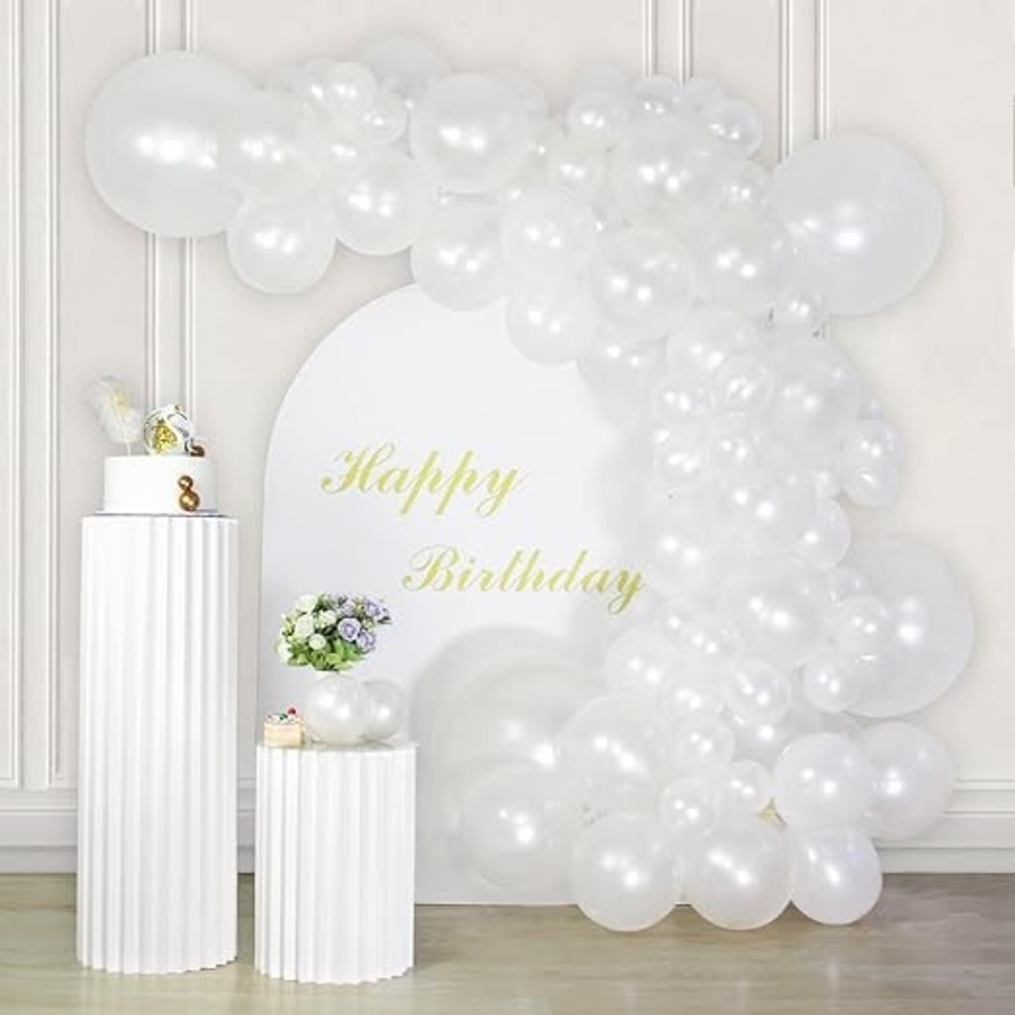 Baloane din Latex pentru Arcada, Flippy, Set din 120 baloane, Model Party, Botez, Pai transparent si adeziv inclus in cutie, 23 cm, Alb