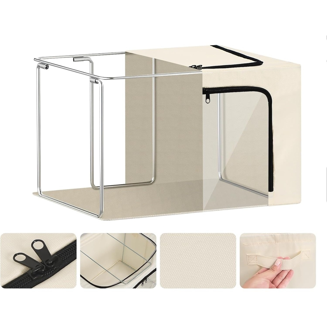 Cutie de Depozitare, Flippy, cu 3 Ferestre cu Fermoar Bidirectional, Cadru din Otel, Impermeabil, 38L, 42 x 30 x 30 cm, Bej