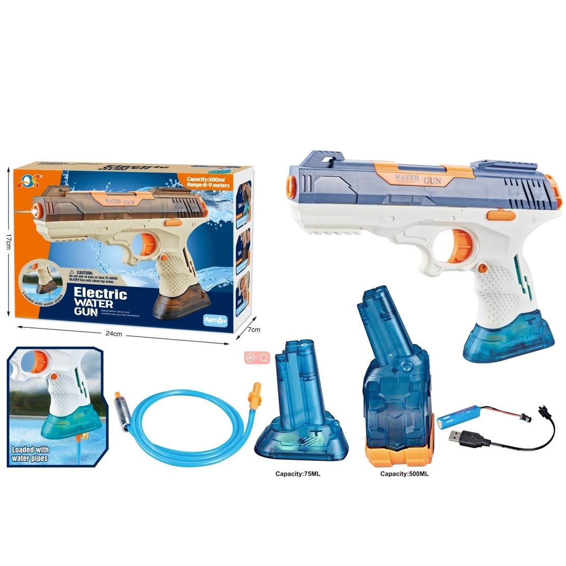 Pistol cu Apa Electric, Flippy, 2 Rezervoare 75/350 ml, din ABS+Silicon, Baterie, Incarcare USB, Conectare la Furtun, +6 Ani, Albastru