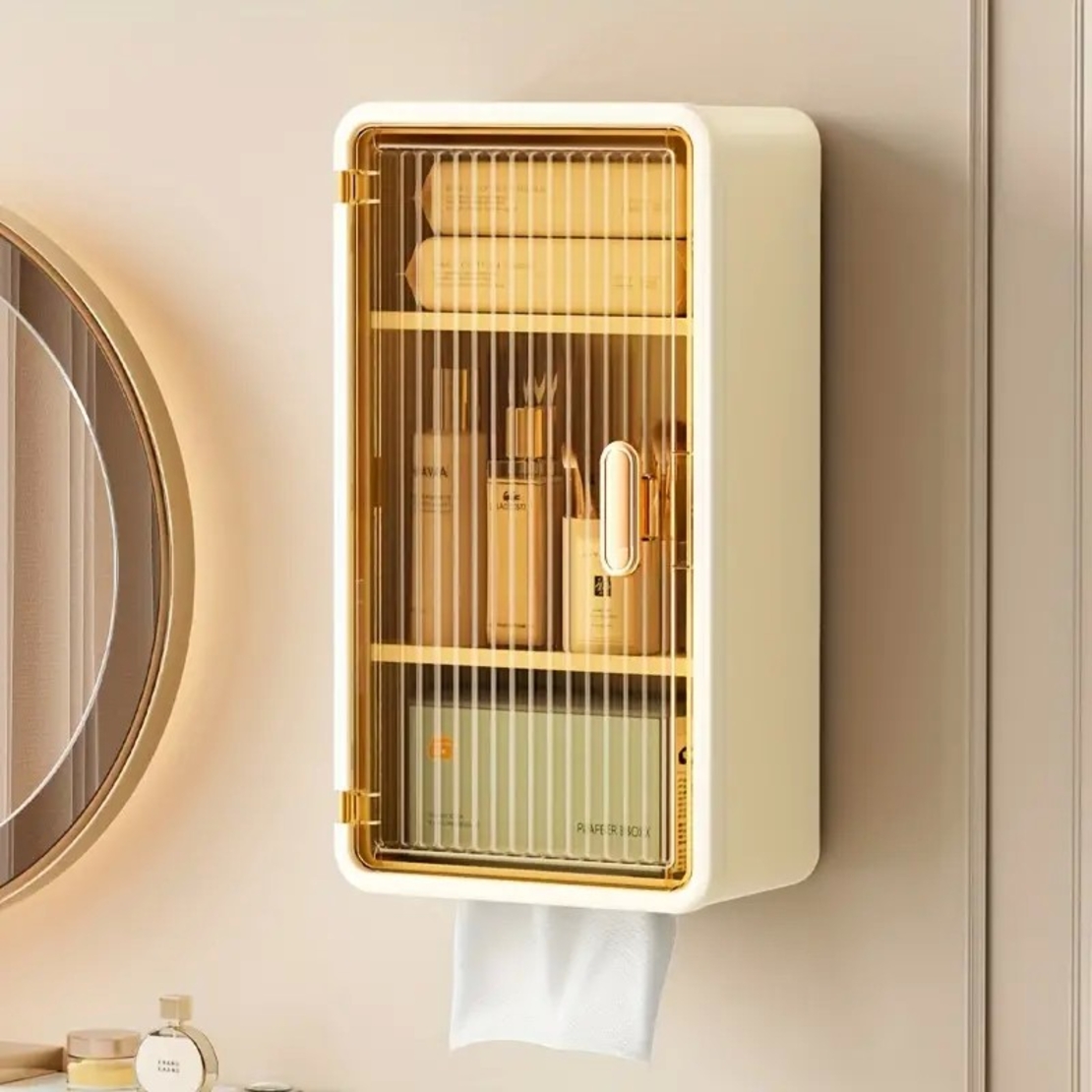 Organizator Cosmetice, Flippy, Montare pe Perete fara Perforare, 36.5x10.9x20 cm, cu 3 Rafturi, din PP si ABS, Bej, Usa Transparenta