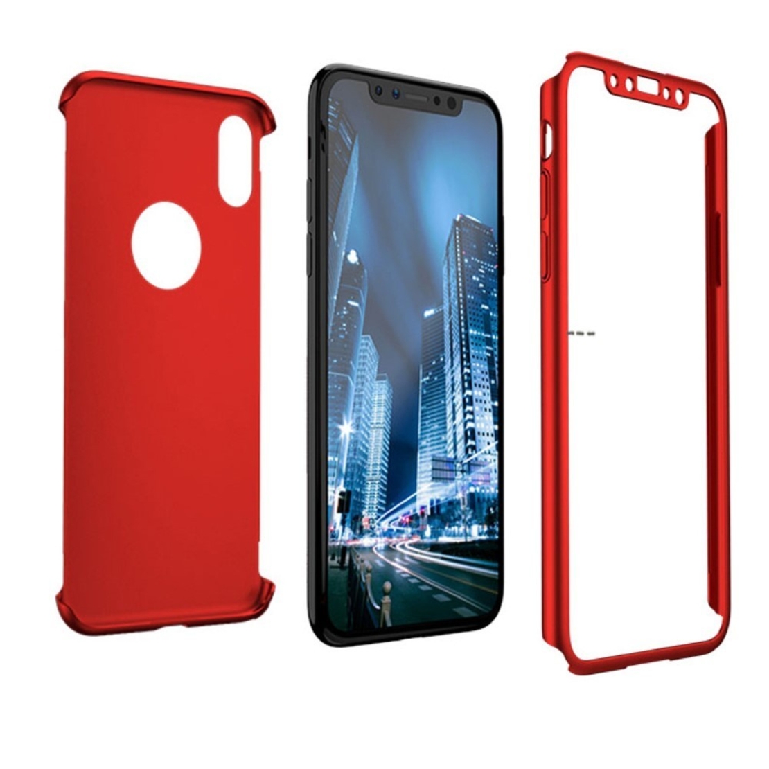 Set Husa si Folie de Protectie, Flippy, Compatibila cu Apple iPhone X, Full Cover 360°, Plastic + Sticla, Rosu