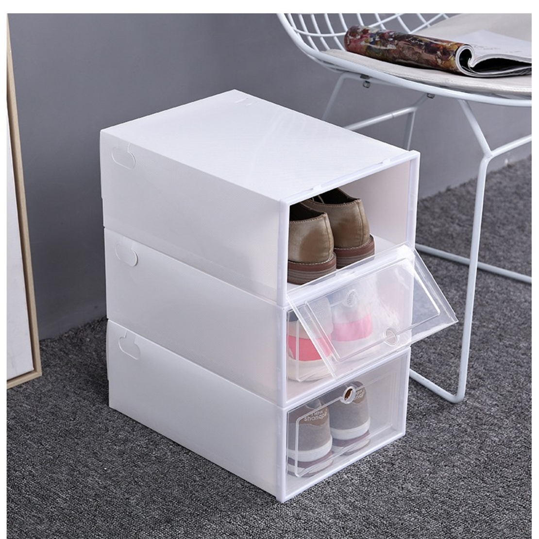 Cutie pentru Pantofi, Flippy, Tip Sertar, din Plastic, Stivuibila, Usa Frontala, 33 x 23 x 13 cm, Transparent