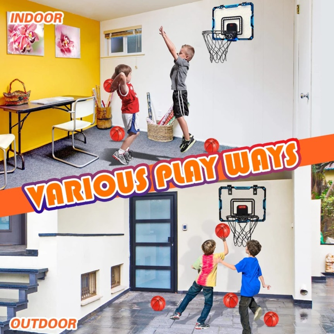 Cos de Baschet pentru Copii, Flippy, cu Tablou de Bord Electronic, Minge, Pompa, 2 Moduri, Interior/Exterior, Inel Metalic si Rabatabil cu Arc, Luminos, 41x31x5 cm, Multicolor