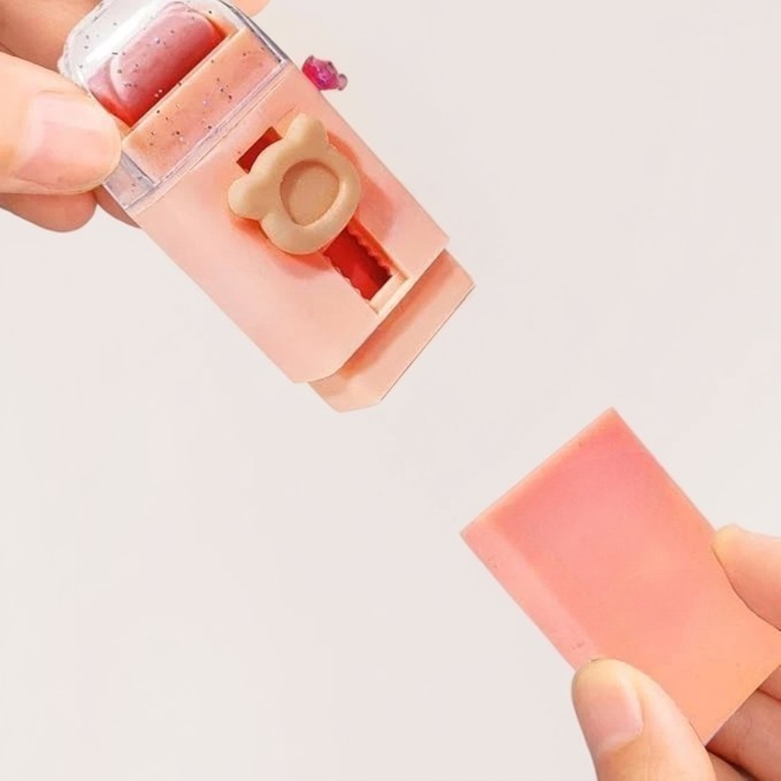 Radiera Retractabila, Flippy, Model Ursulet, Reglare Push-Pull, Radiera de tip Push, Doua Radiere de Rezerva in set din Cauciuc, Roz deschis