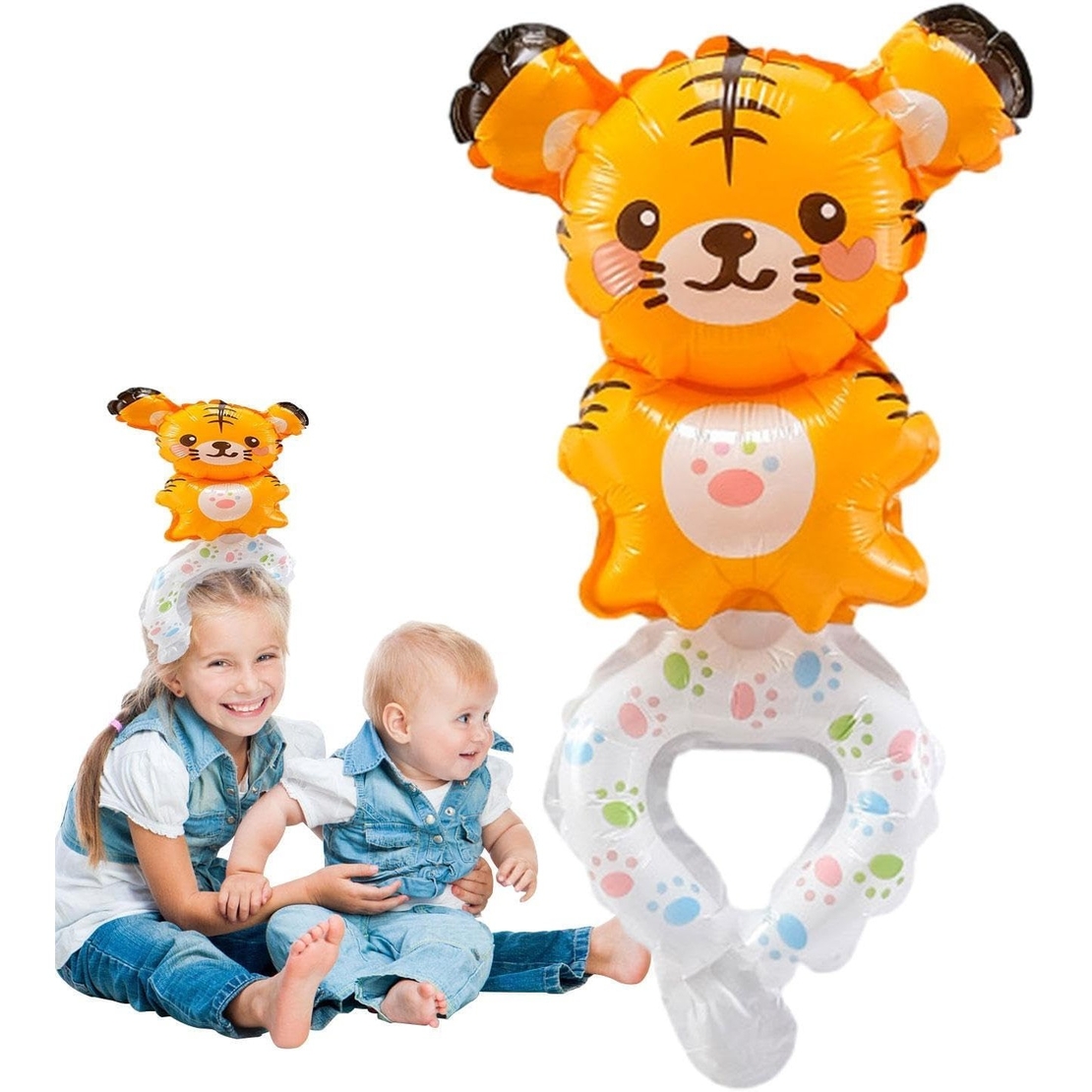 Balon din Folie Metalizata, Flippy, Figurine Animalute, Tip Bratara, Model Tigru, 17x34 cm, Ambalaj Individual, Pai Inclus, Umflare cu Aer sau Heliu, Maro