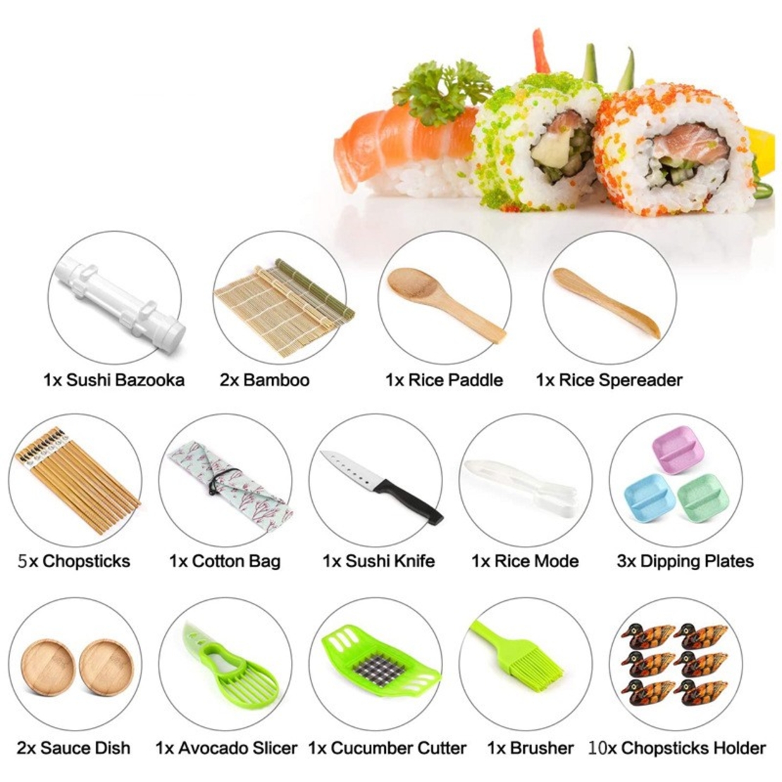 Set Ustensile pentru Sushi, Flippy, Set din 31 Accesorii pentru Sushi, Set pentru Sushi HOME MADE, Cutit Inclus, Forme, Betisoare, Multicolor
