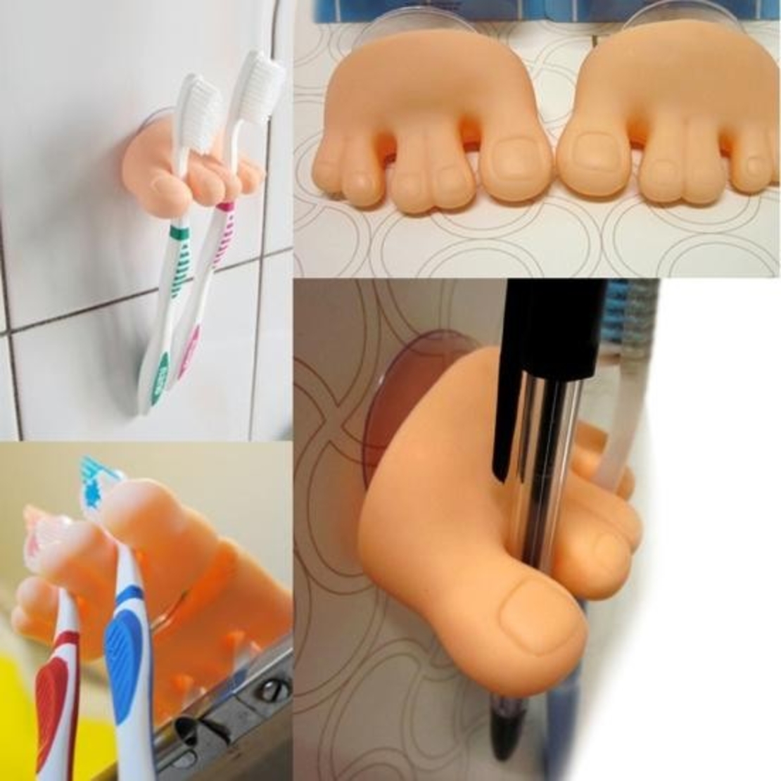 Suport de Baie, Flippy, Multifunctional, pentru Periute/Cabluri, din PVC, cu Ventuza, Model Picior, 4 x 6.5 cm, Crem