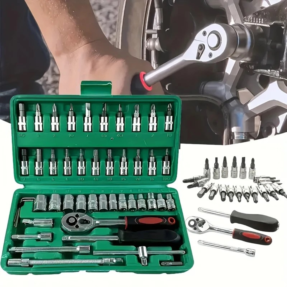 Chei tubulare Set 46 de Piese, Flippy, Trusa Scule de Reparatii Auto, Prelungitoare Rigid si Flexibil, Articulatie Cardanica, Antrenor de Forta Glisant, Adaptoare, Maner pentru Surubelnita, 23 x 12 x 4 cm, 1.9 kg, Cutie Verde