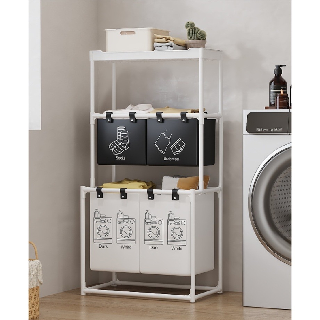 Cos de Rufe, Flippy, 3 Rafturi, 4 Cosuri, Cadru de Otel Inoxidabil, 123x28x57 cm, 123x44x57 cm, Alb