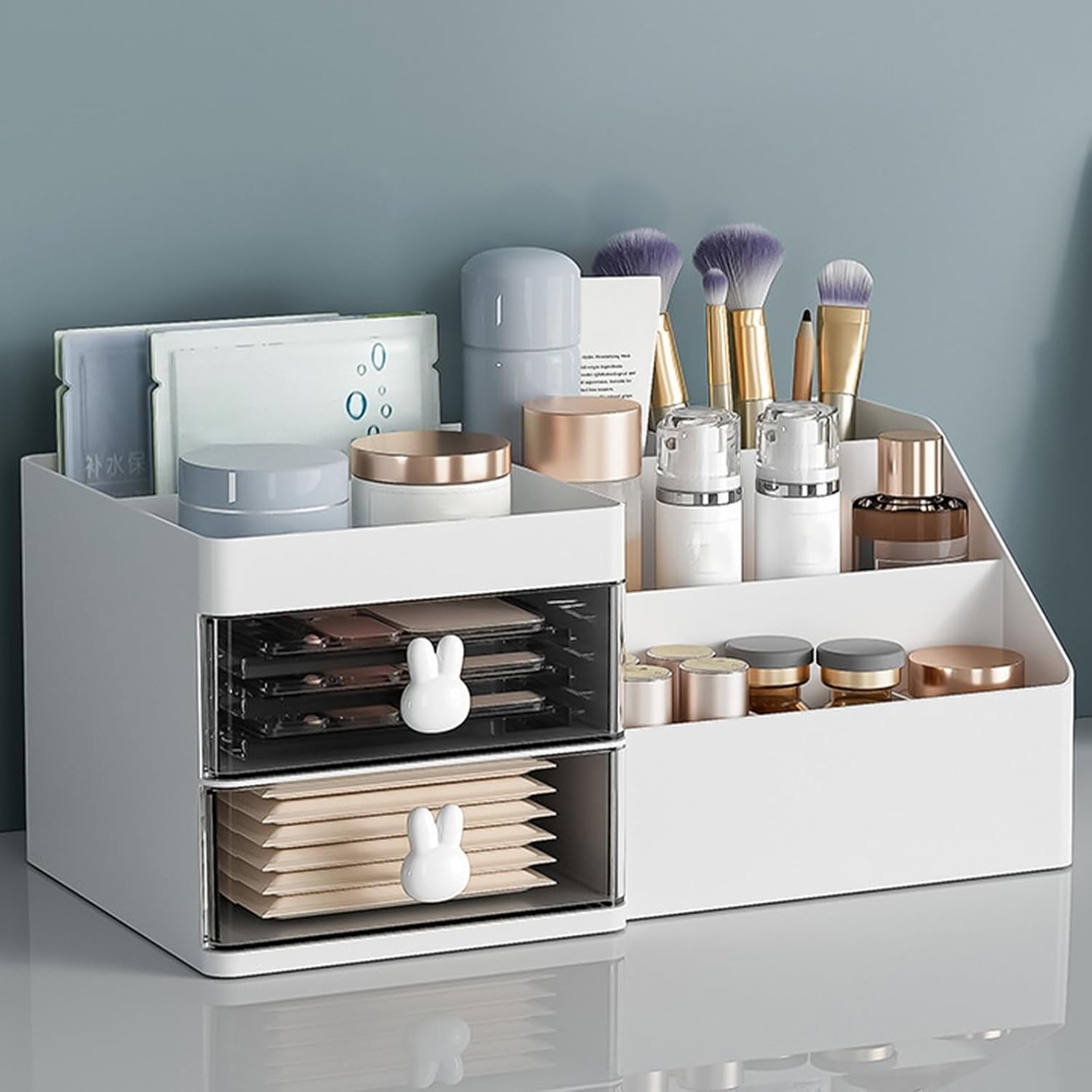 Cutie de Depozitare pentru Birou, Flippy, Pentru Makeup, Papetarie, Organizator Cosmetice, 2 Sertare si Compartimente Multiple, Model Iepuras, Plastic, 27.5x15.5x12 cm, Alb