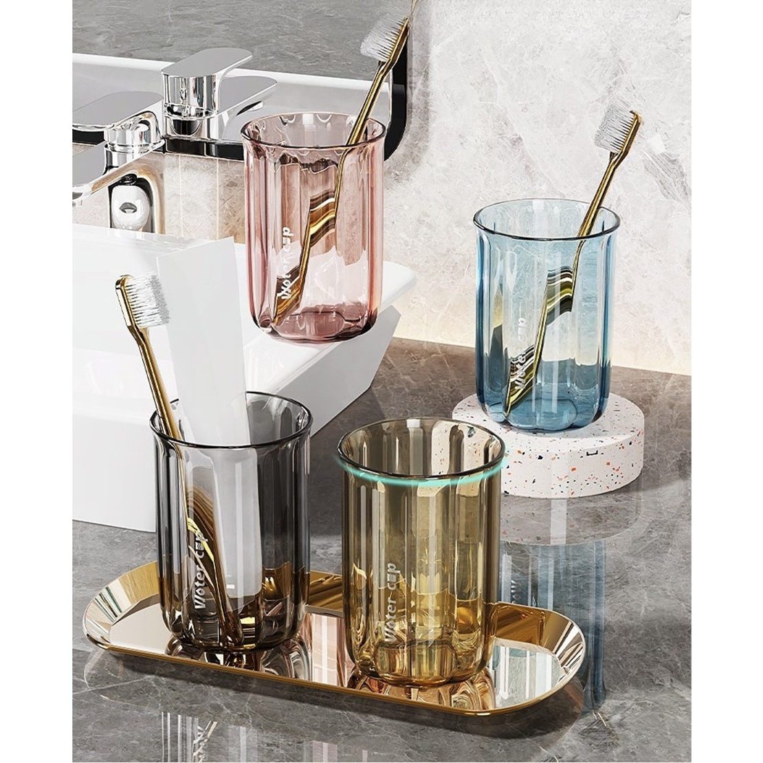 Suport Multifunctional 2 in 1, Pahar si Suport pentru Periuta de Dinti, Flippy, Plastic, Dimensiune: 10.4 x 7.3 x 7.3 cm, Gri