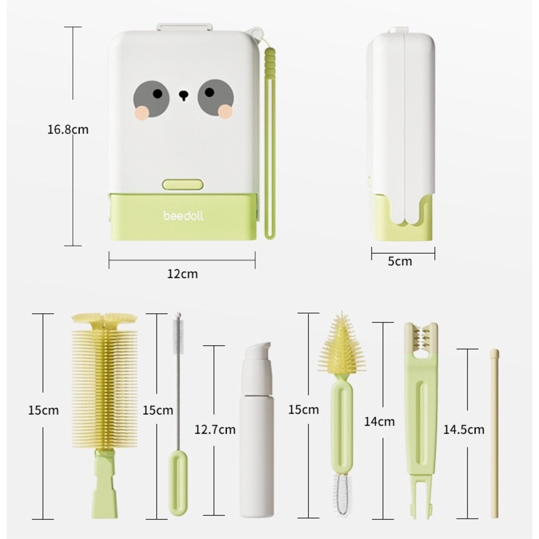 Set 7 Piese de Spalat/Uscat Biberoane, Flippy, Portabil, Peri de Silicon, pentru Tetine, Suzete, Biberoane, Paie, Cutie Inclusa, 16.8 x 12 x 5 cm, Model Panda, Verde