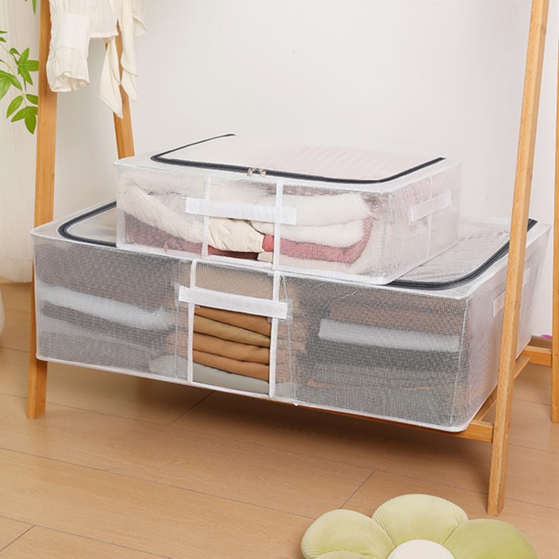 Cutie de Depozitare, Flippy, pentru Haine, Incaltaminte, din Plasa PVC Impermeabila si Manere Laterale, Pliabila, Fermoar Bidirectional, 80 x 47 x 24 cm, Transparenta