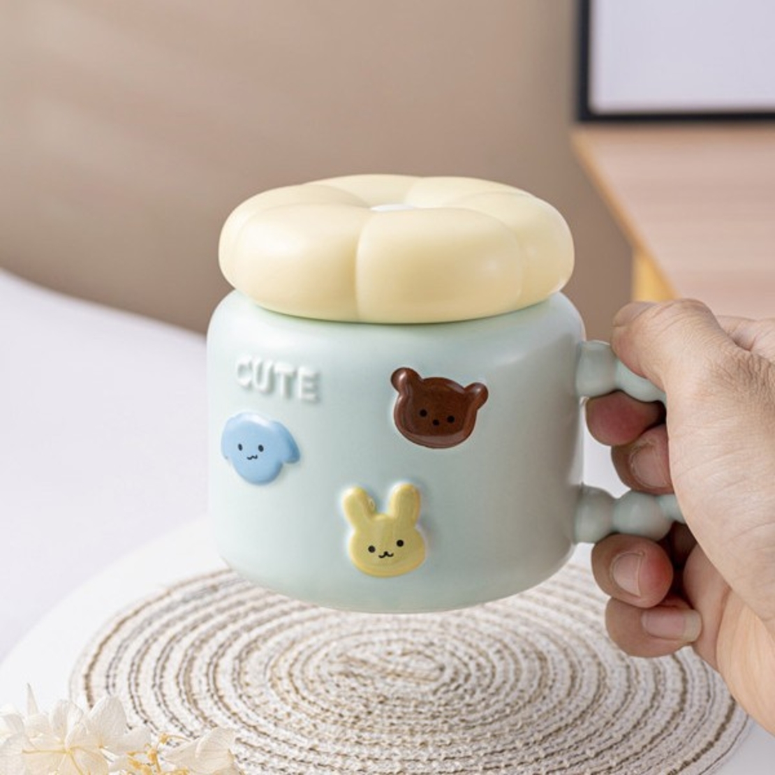 Cana pentru Copii, Flippy, din Portelan, print Figurine Animalute, Model CUTE, Cana cu Capac, Ceasca pentru Cafea, Ceai, 400ml Albastru deschis