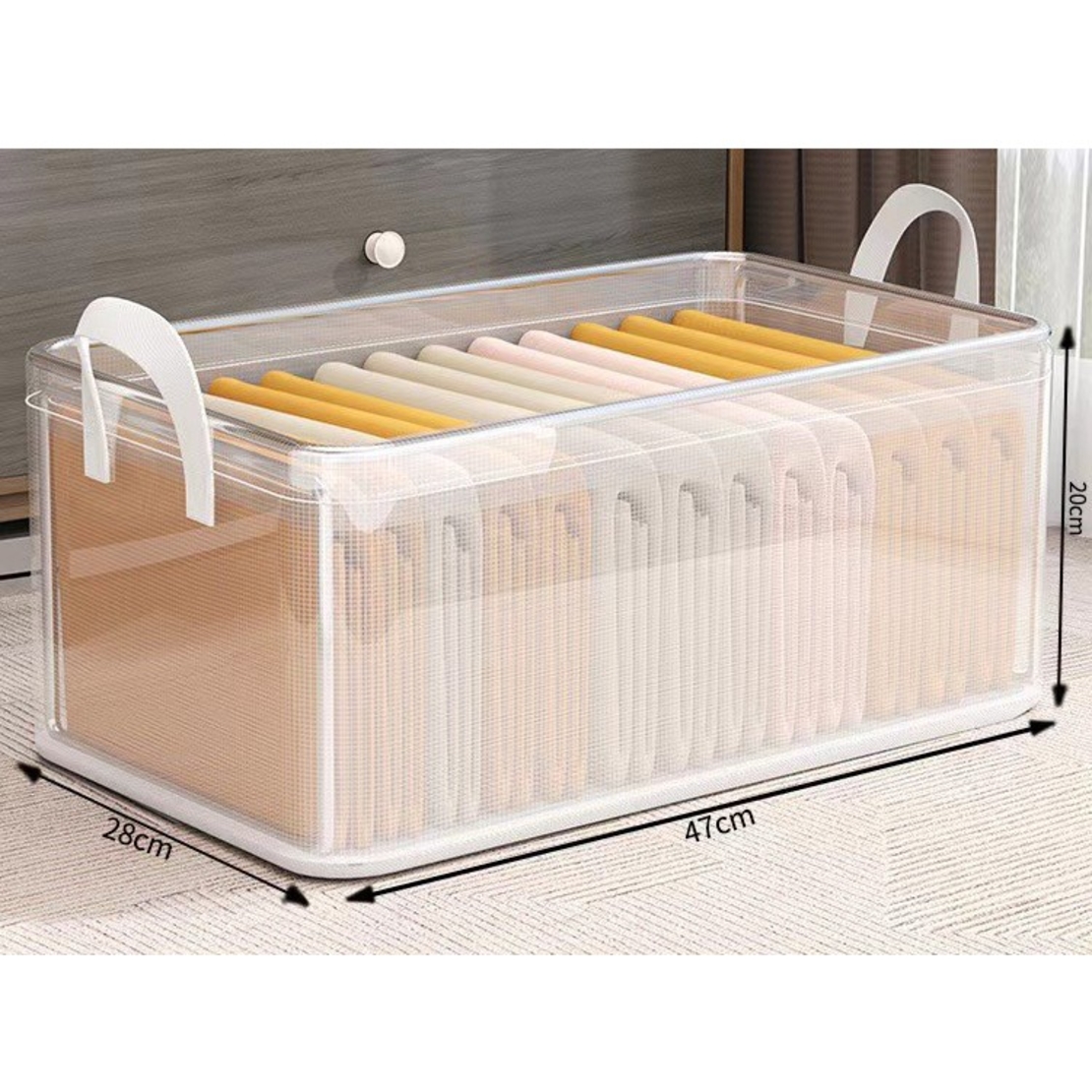 Cutie container de depozitare din PVC, Flippy, de stocare, Dimensiuni multiple, Accesoriu robust pentru organizarea de uz casnic, volum 26L, 47 x 28 x 20 cm, Transparenta
