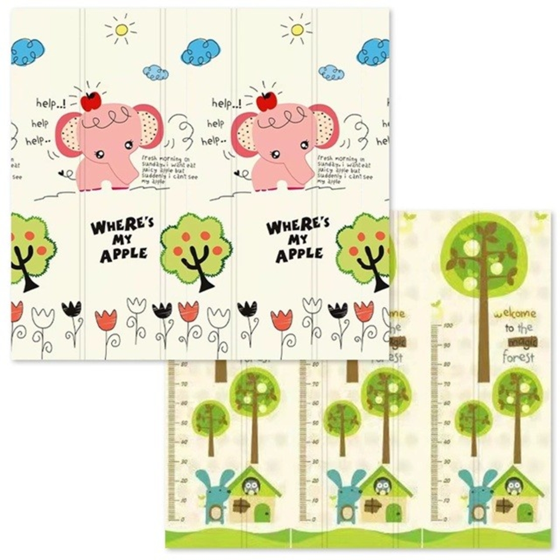 Covoras pentru Copii, Flippy, cu 2 Fete, Model Elefantei/Padure, din XPE+PE, Impermeabil, Antiderapant, Protectie Termica, +3 Luni, Pliabil, 150 x 200 x 1.5 cm, Multicolor