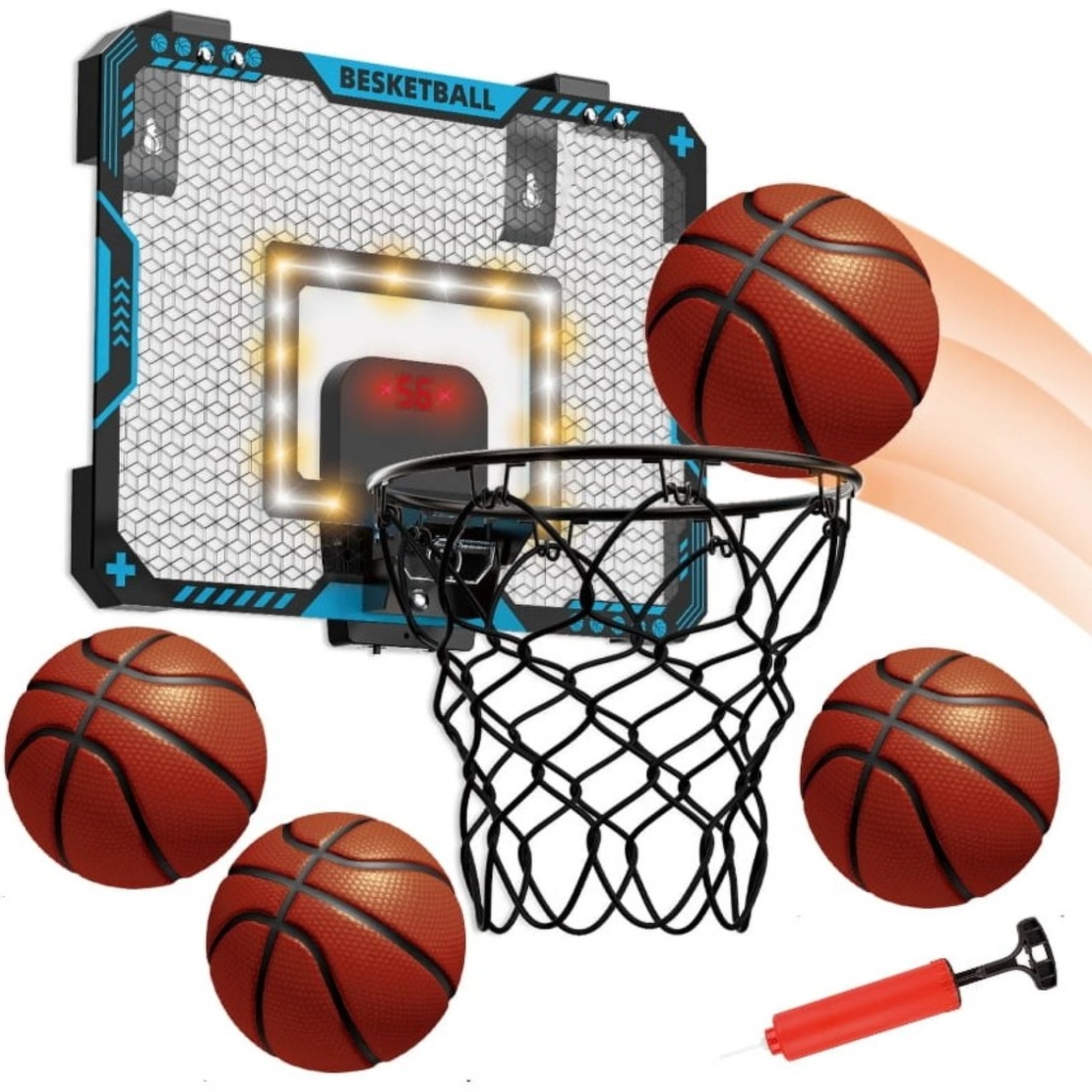 Cos de Baschet pentru Copii, Flippy, cu Tablou de Bord Electronic, Minge, Pompa, 2 Moduri, Interior/Exterior, Inel Metalic si Rabatabil cu Arc, Luminos, 41x31x5 cm, Multicolor