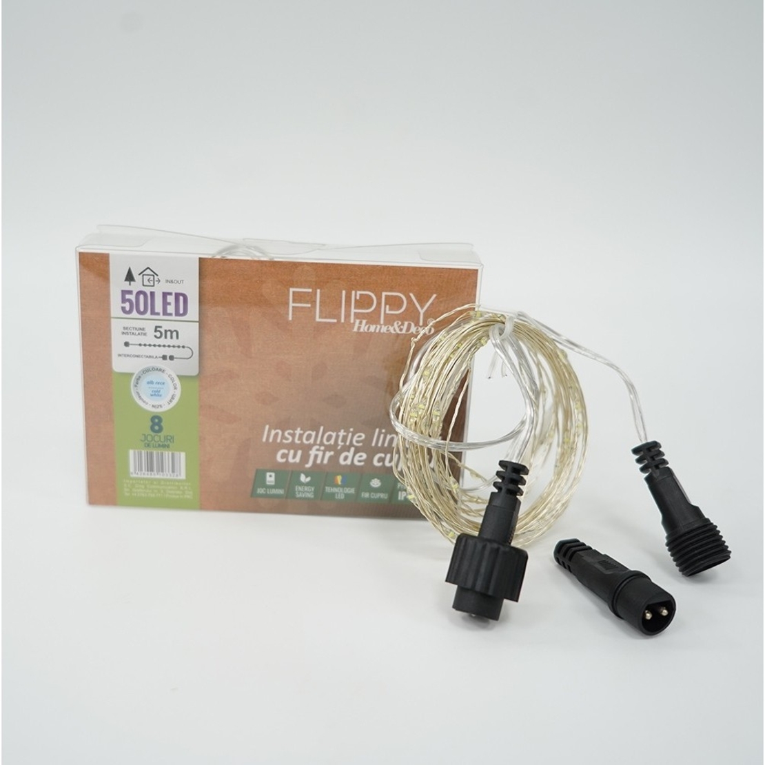 Instalatie Liniara de Craciun, 20 m, 200 Led-uri, Alb Rece, 8 jocuri de lumini, Transformator, Interconectabila, Prelungitor 5 m inclus, Fir Cupru, Flippy