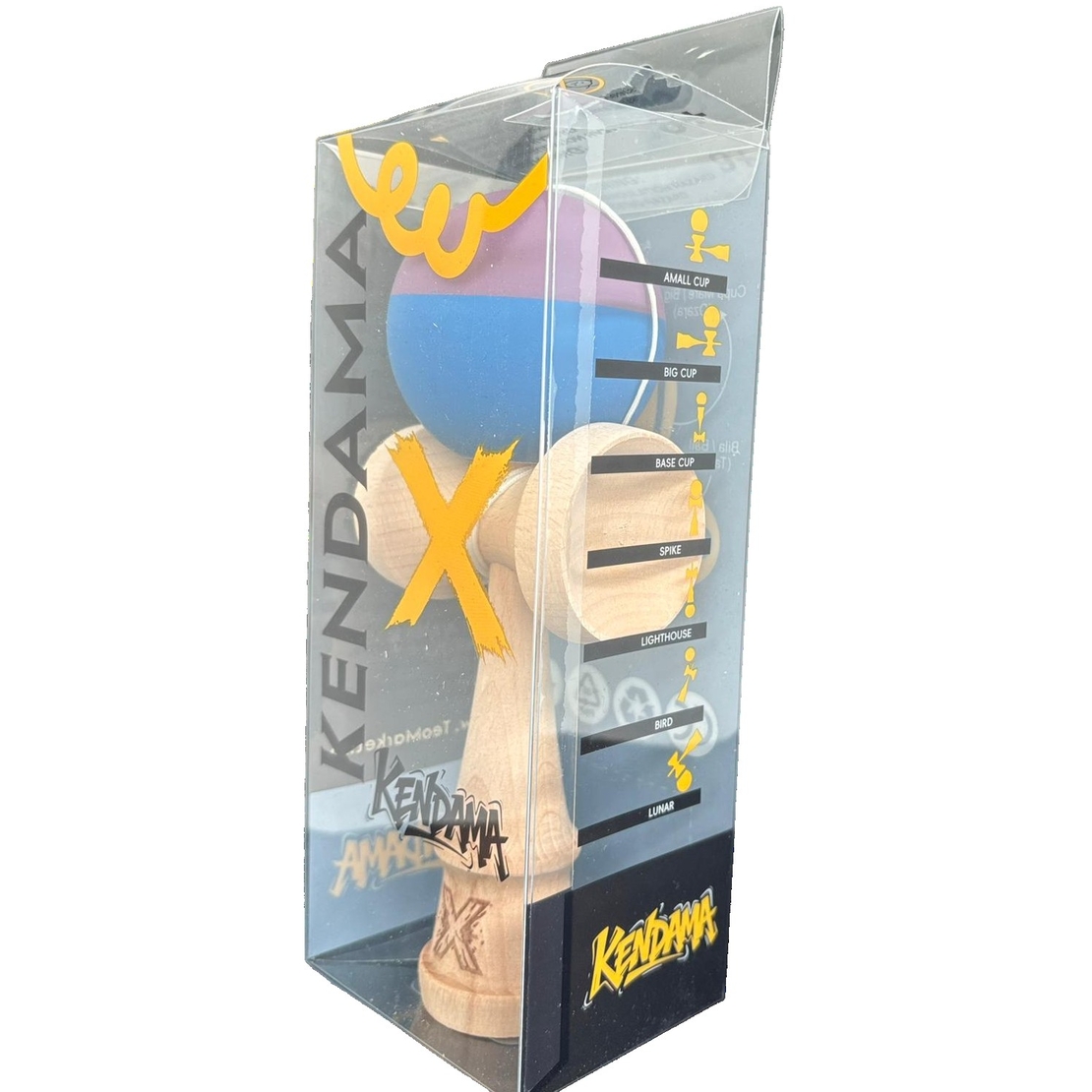 Kendama X Originala, Flippy, 18 cm, Profesionala, +9 Ani, din Lemn, Model 2 Culori, Albastru/Mov